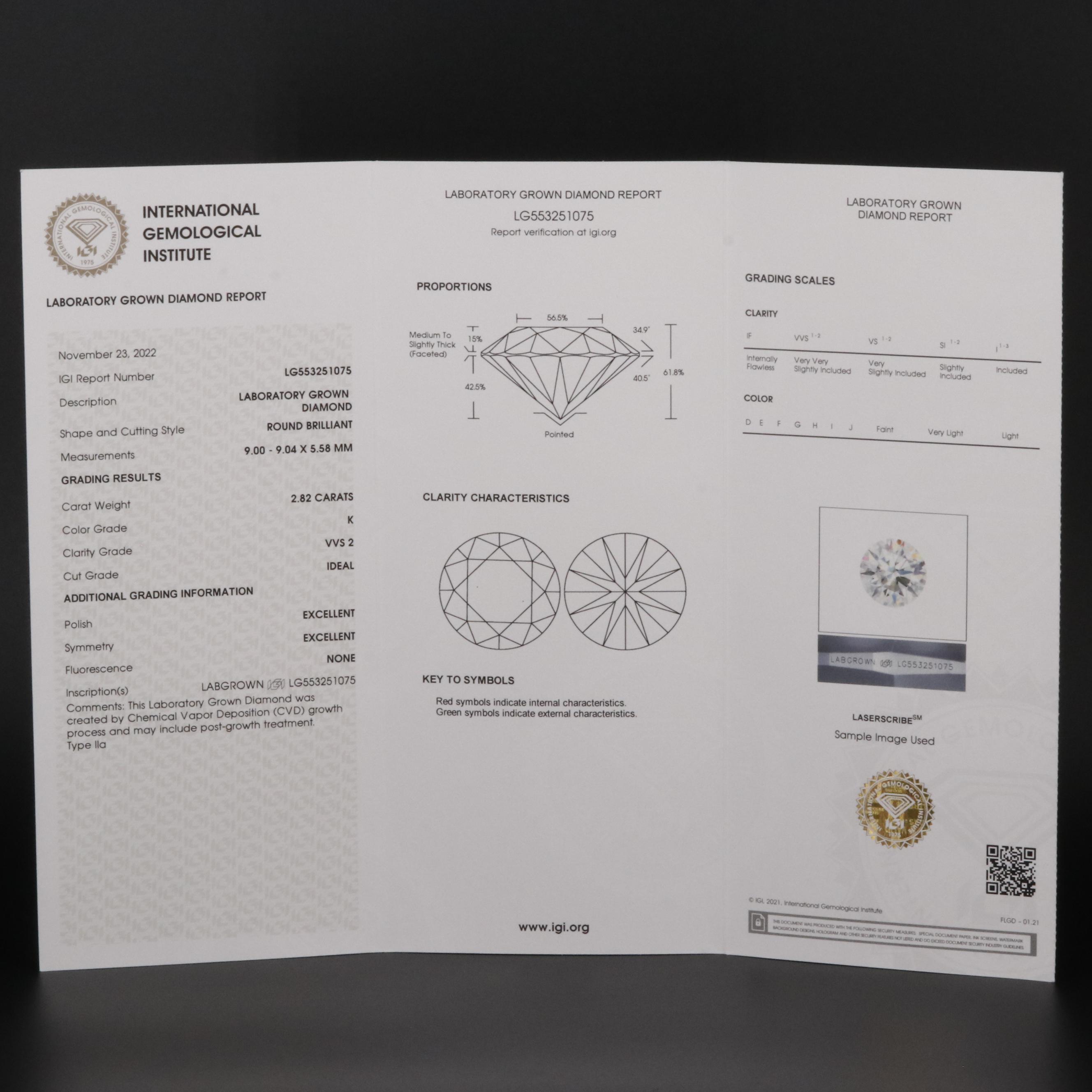 Loose 2.82 CT Lab Grown Diamond with IGI Report