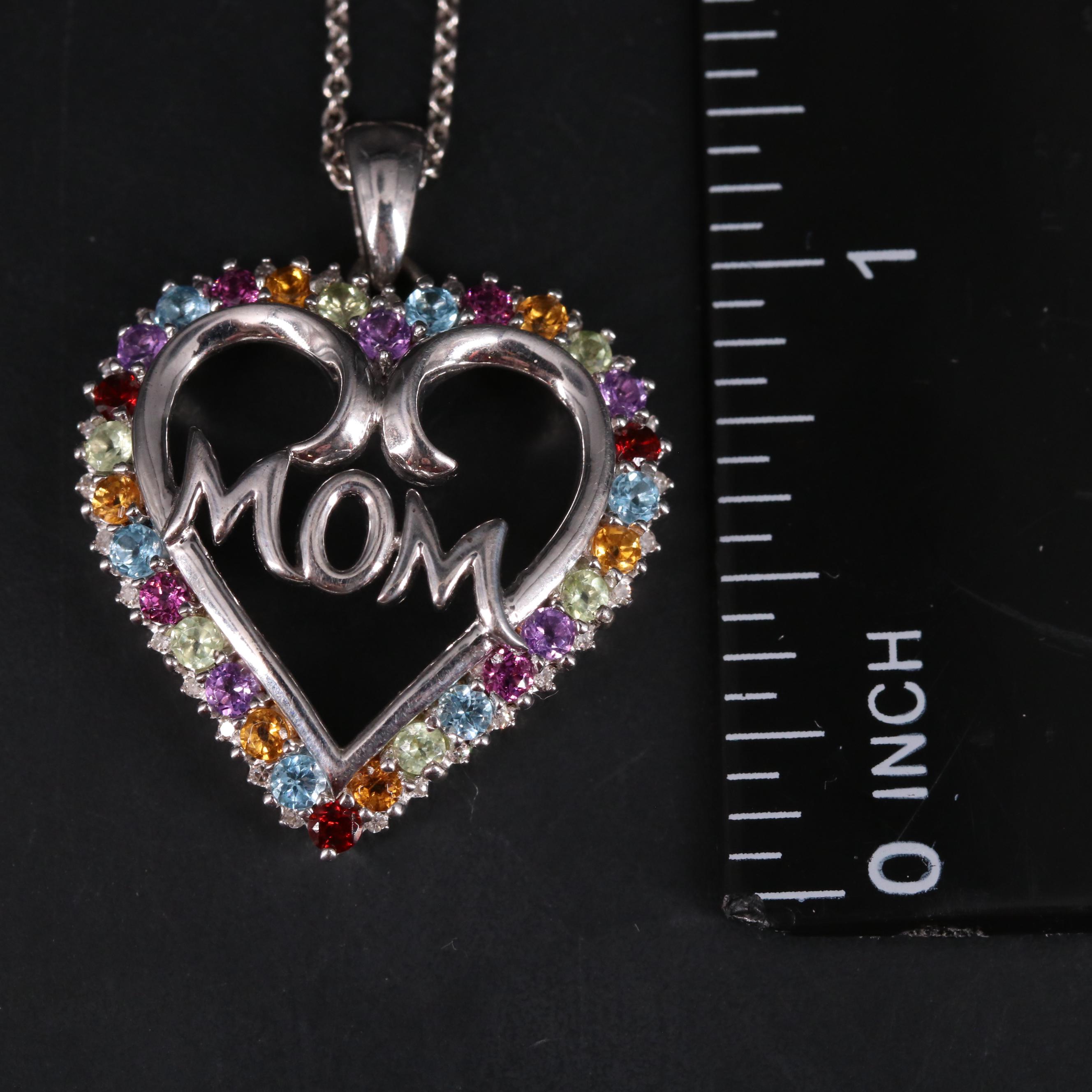 Sterling Diamond and Assorted Gemstone "Mom" Heart Pendant Necklace