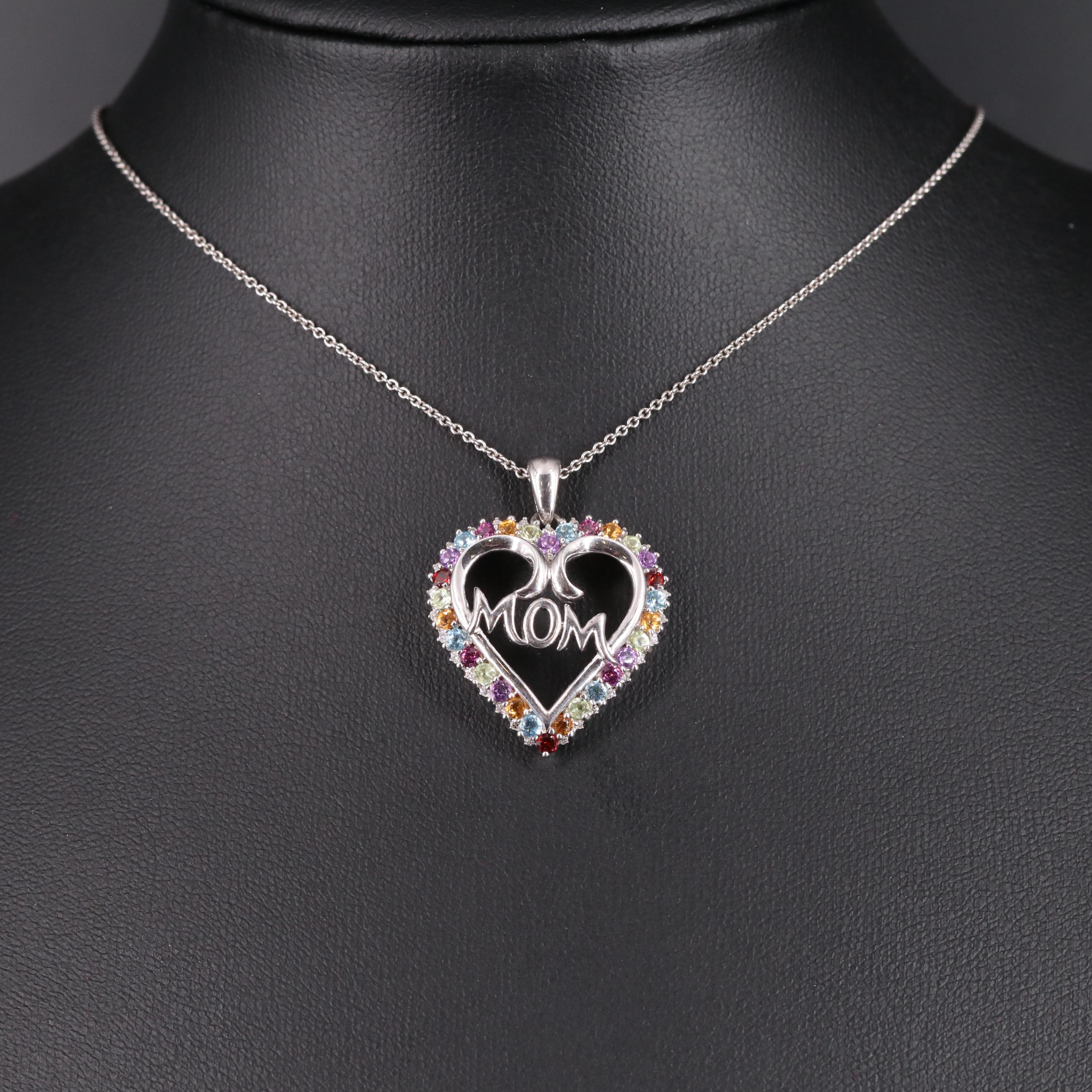 Sterling Diamond and Assorted Gemstone "Mom" Heart Pendant Necklace