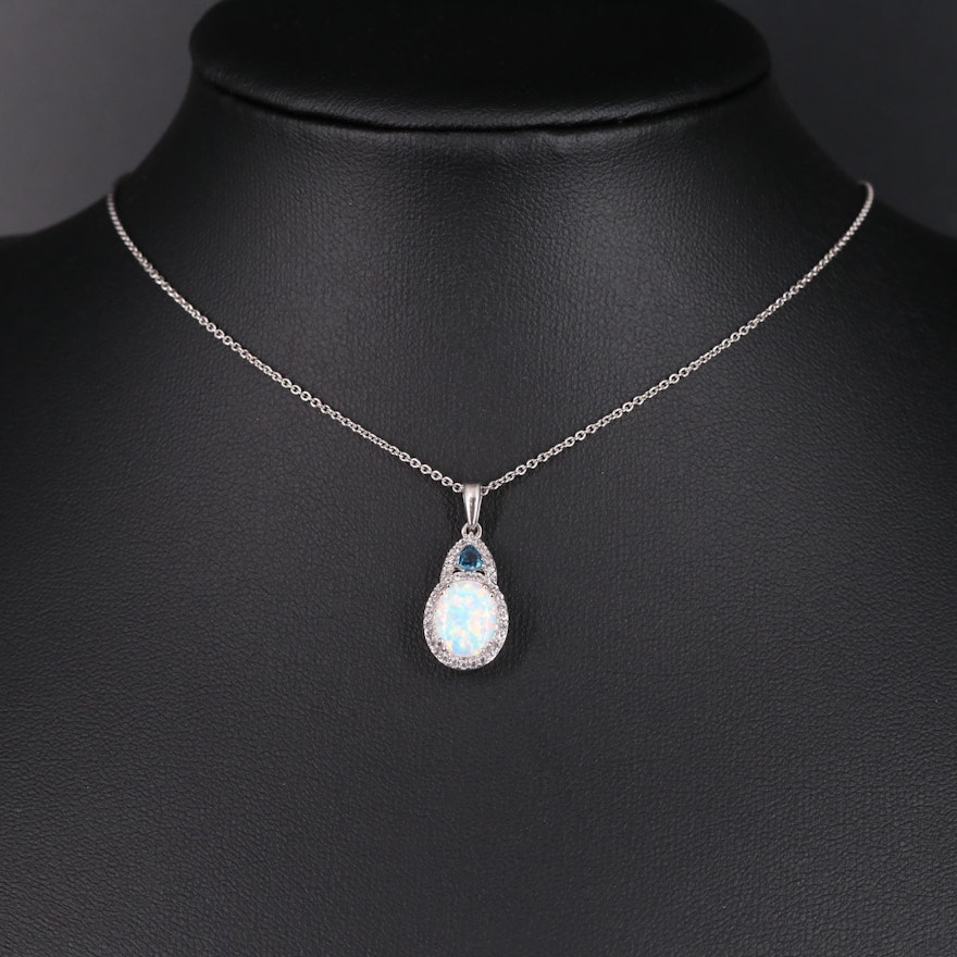 Sterling Silver Opal Sapphire and Topaz Pendant Necklace