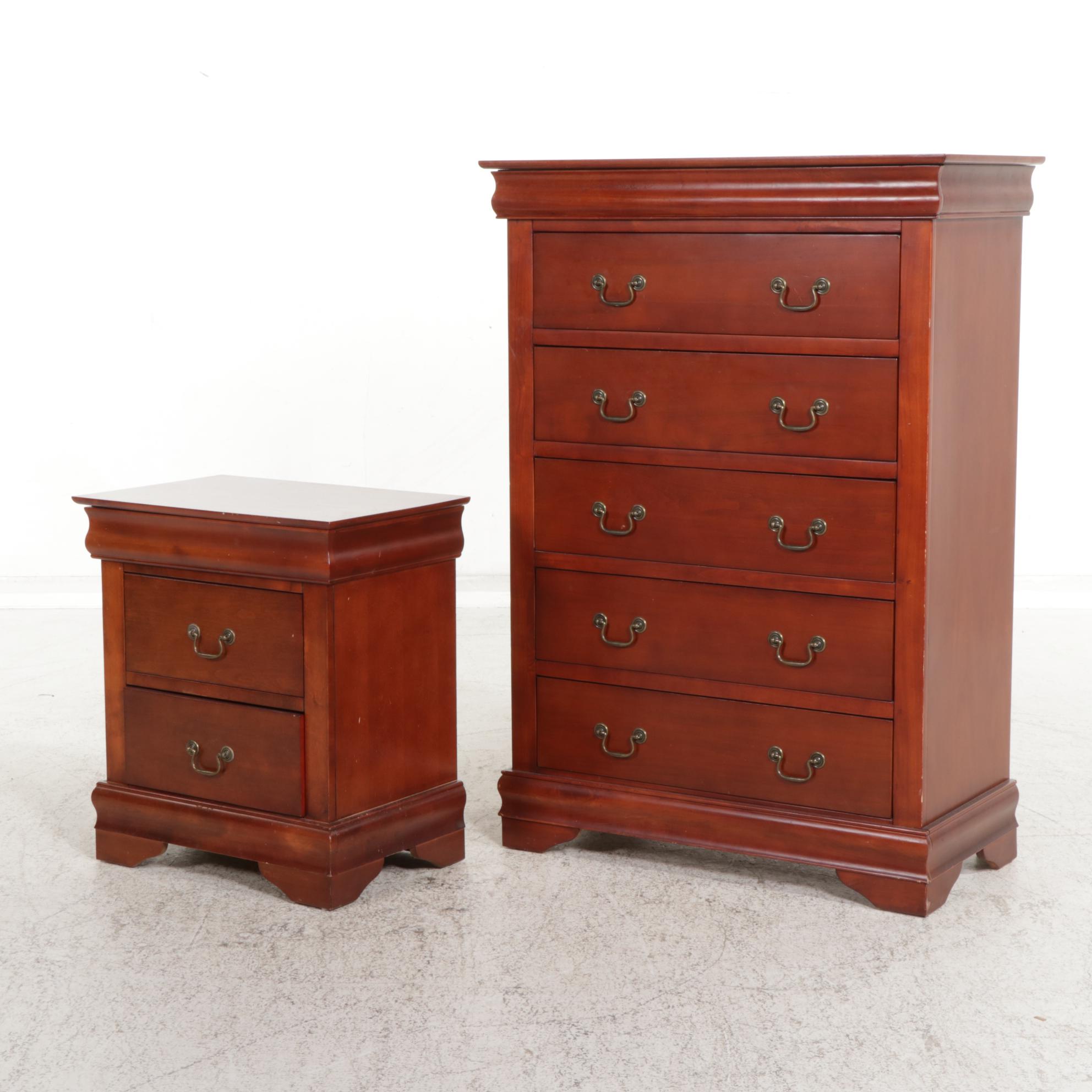 Louis Philippe Style Cherry-Stained Five-Drawer Chest and Nightstand