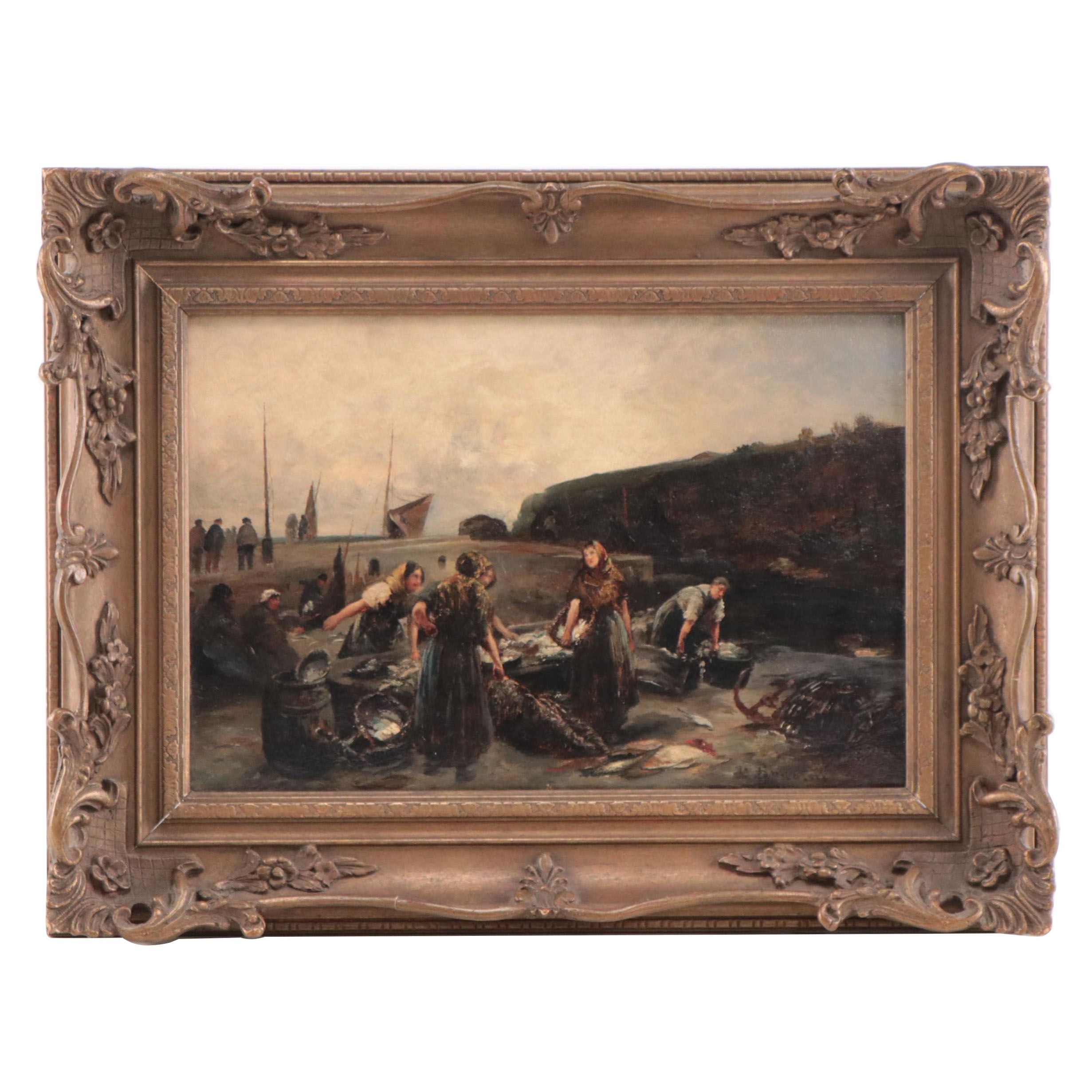 Emil Barbarini Oil Painting of Fish Market, 19th Century