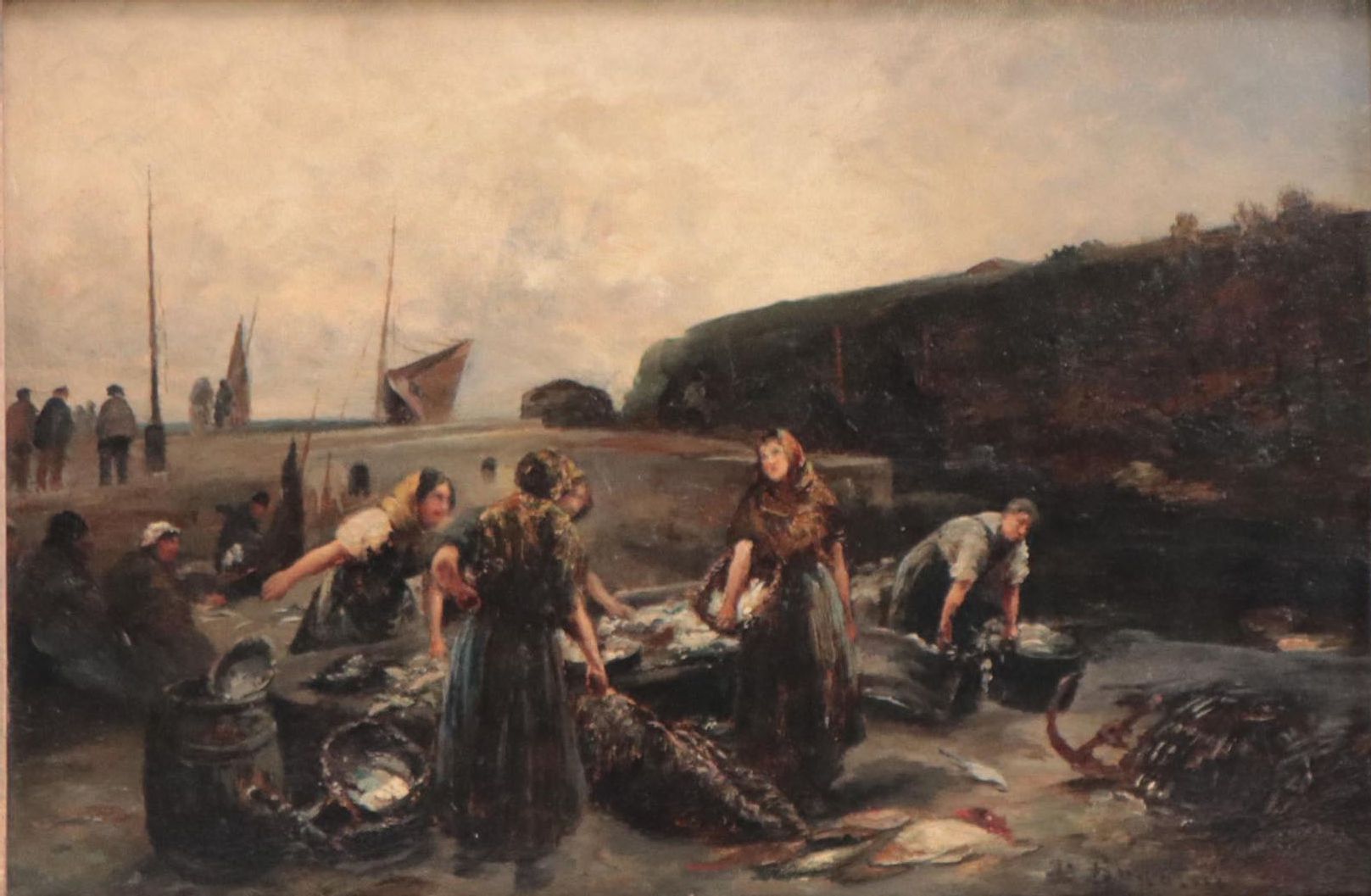 Emil Barbarini Oil Painting of Fish Market, 19th Century