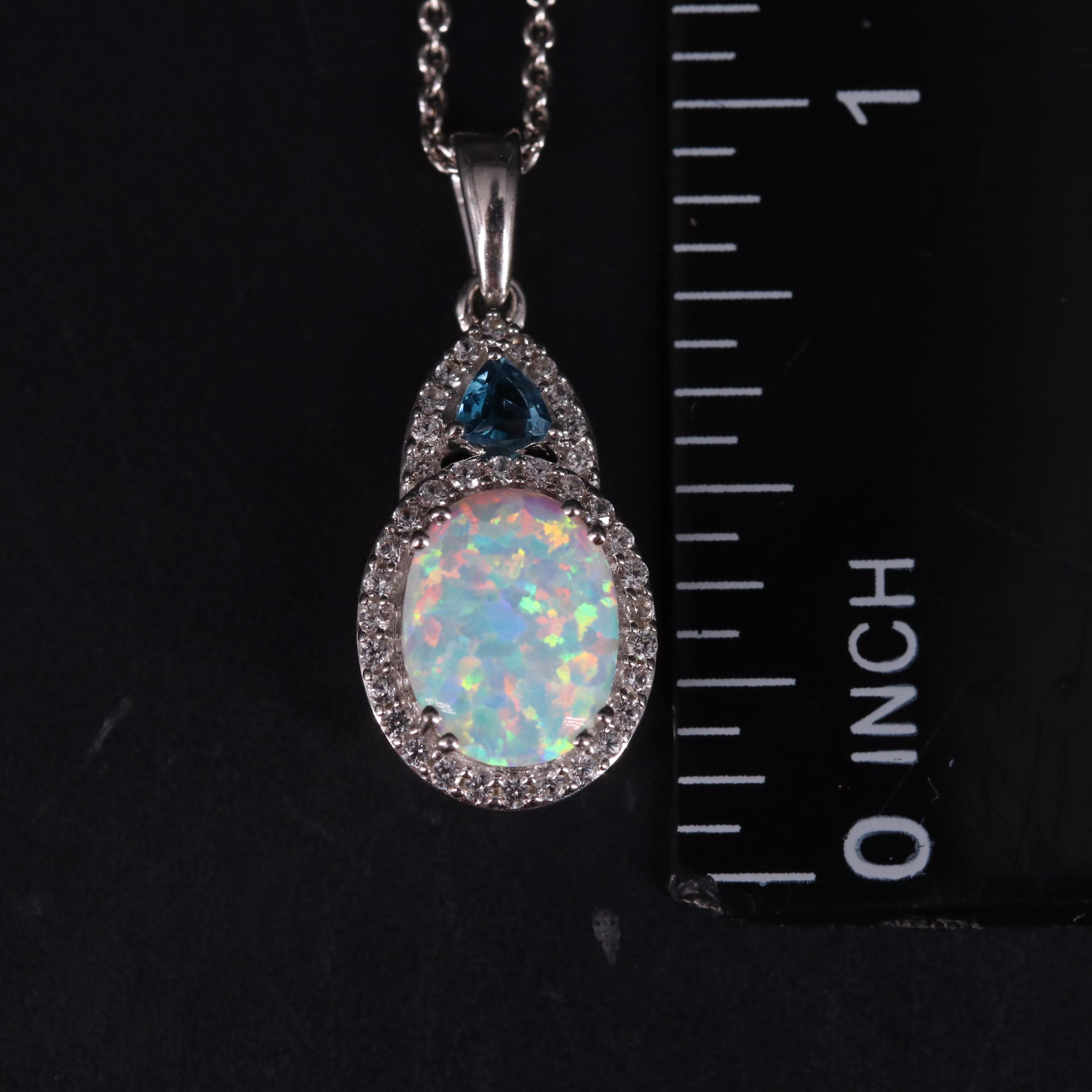Sterling Silver Opal Sapphire and Topaz Pendant Necklace
