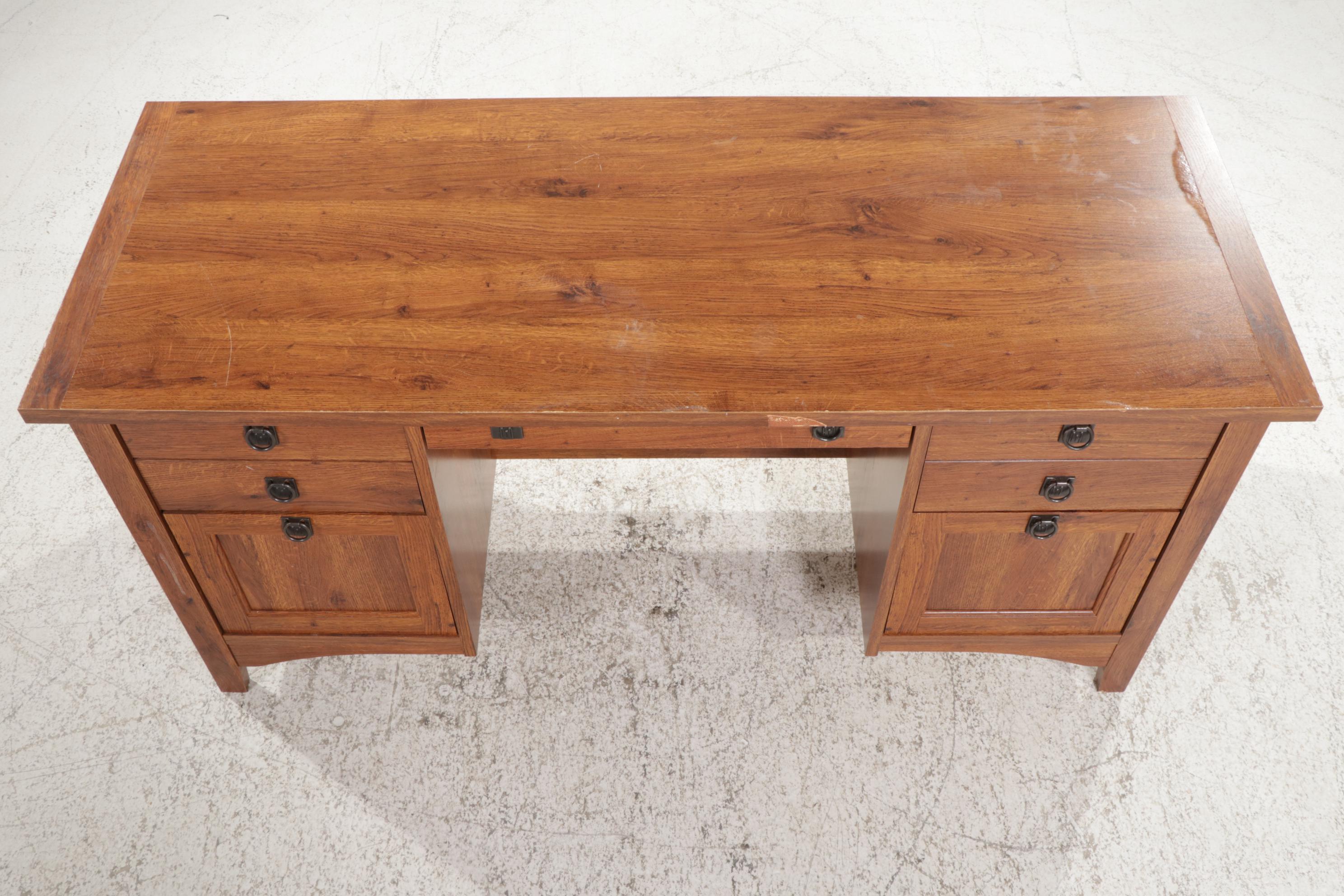 Arts and Crafts Style Desk with Oak Pattern Laminate Finish, 21st Century