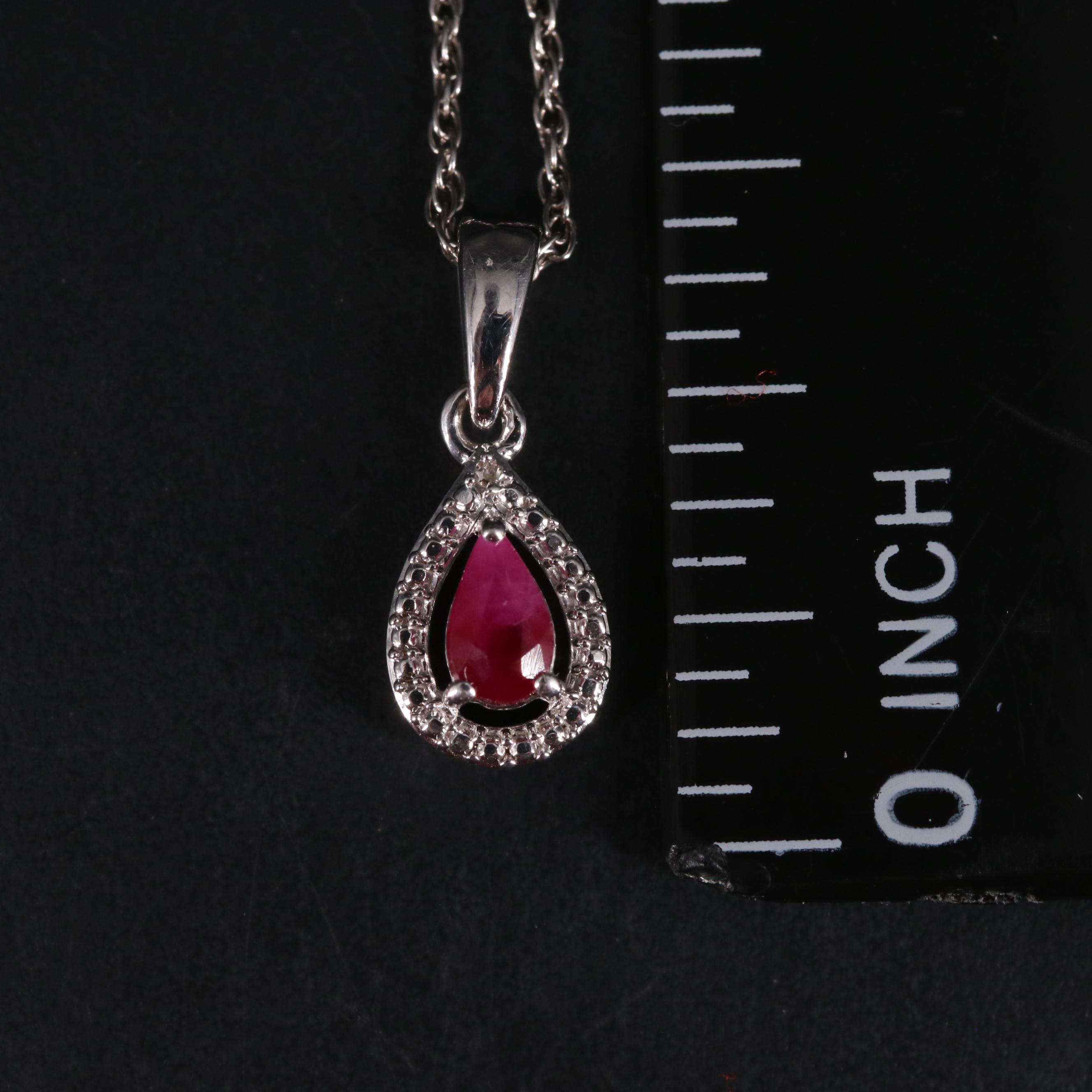 Sterling Silver Ruby and Diamond Pendant Necklace