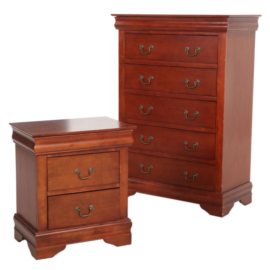 Louis Philippe Style Cherry-Stained Five-Drawer Chest and Nightstand