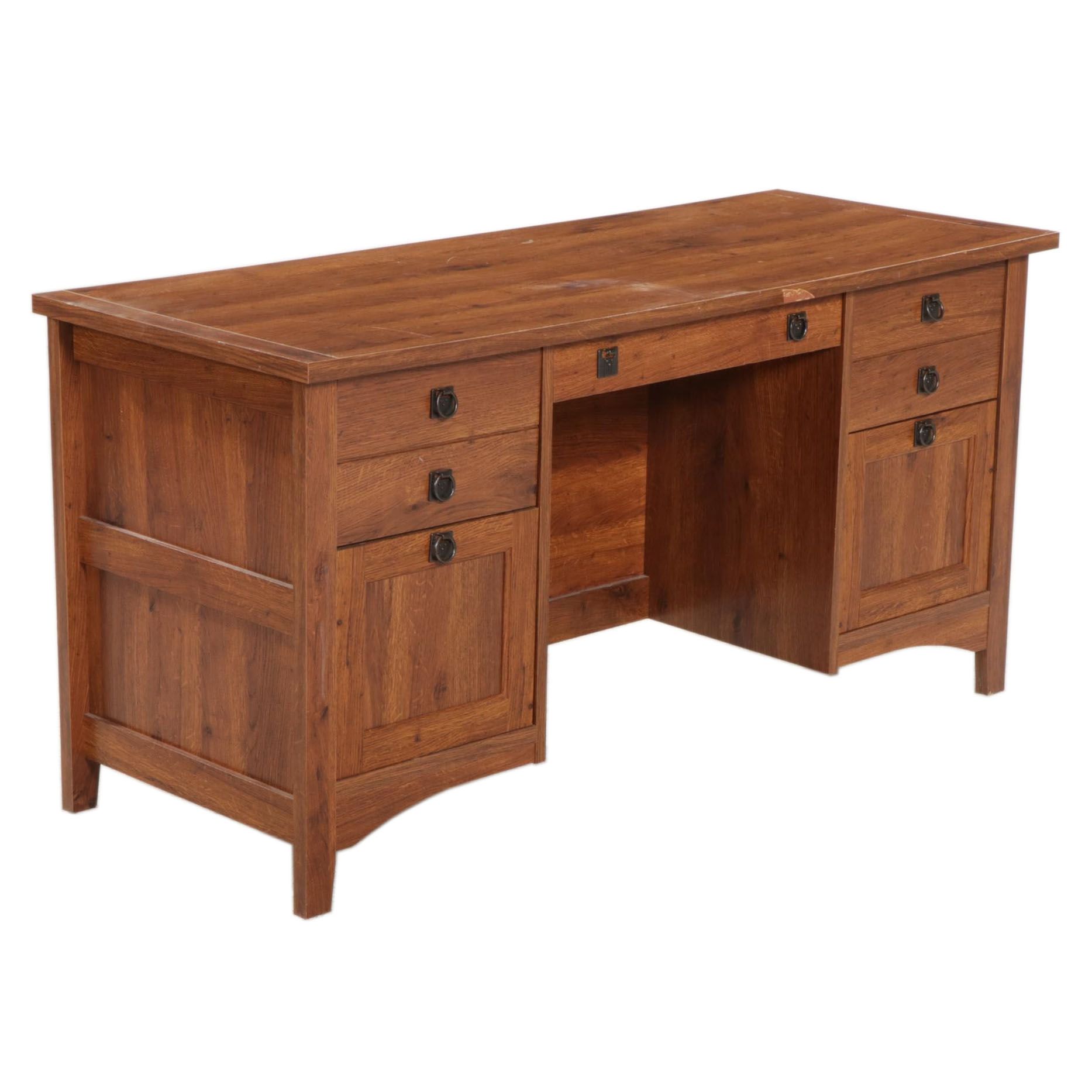 Arts and Crafts Style Desk with Oak Pattern Laminate Finish, 21st Century