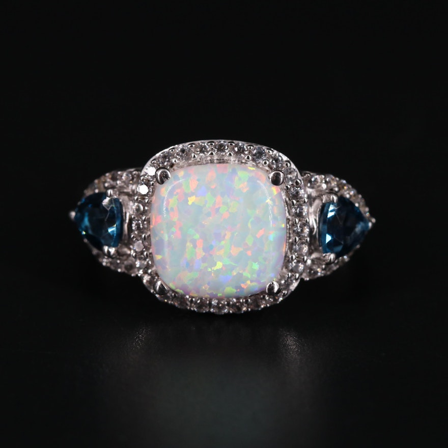 Sterling Silver Opal Topaz and Sapphire Ring