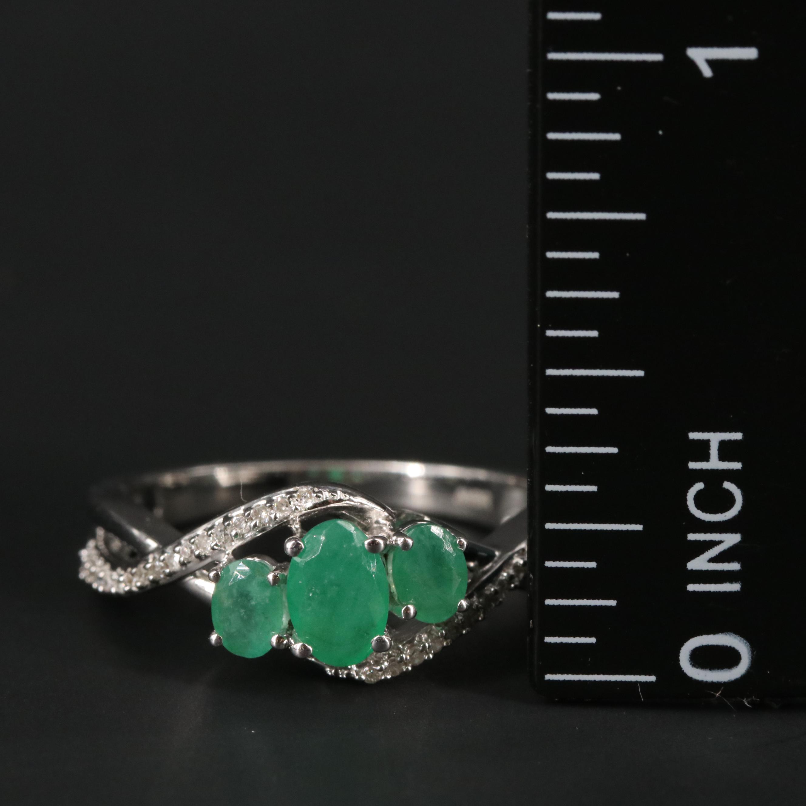 Sterling Silver Emerald and Diamond Ring
