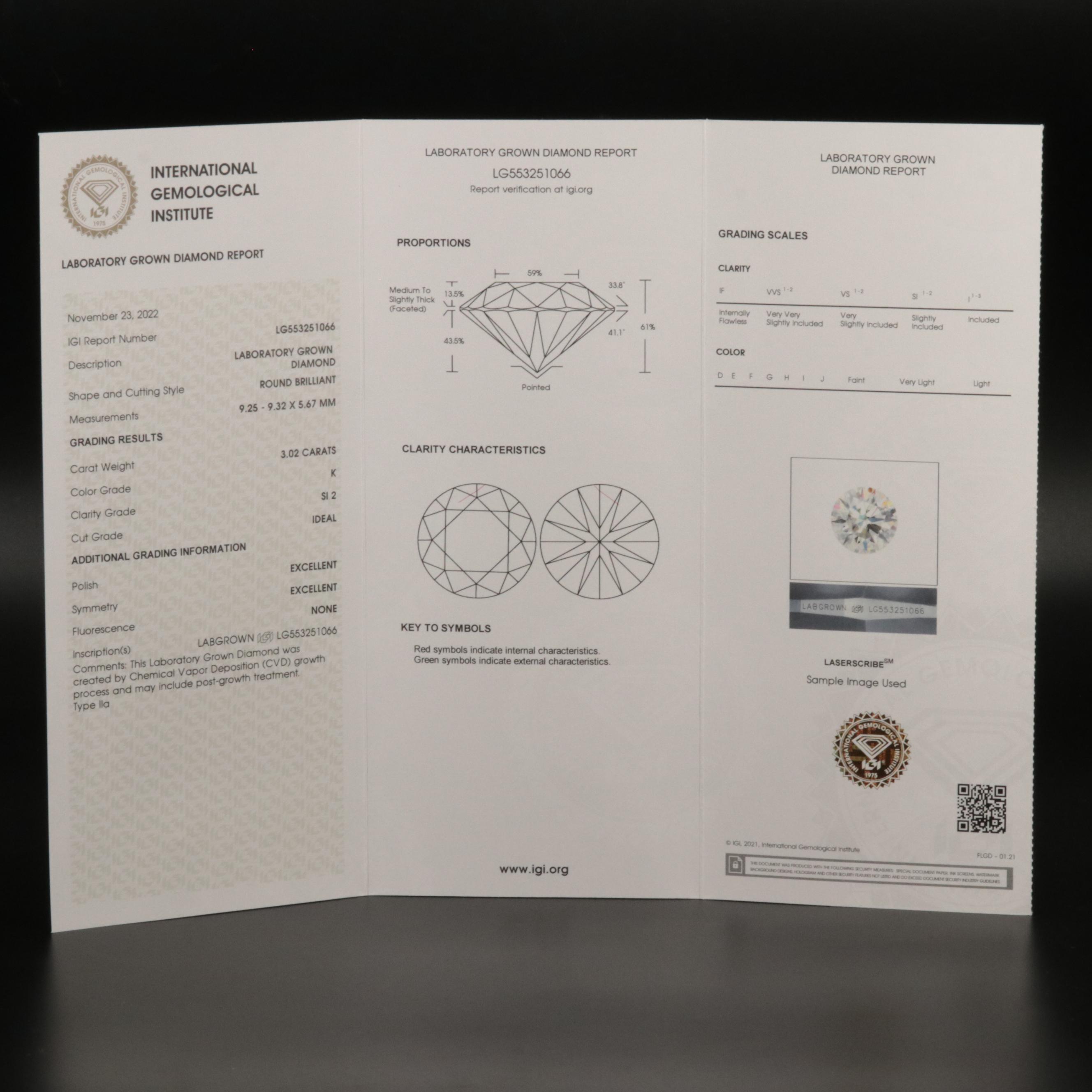 Loose 3.02 CT Lab Grown Diamond with IGI Report