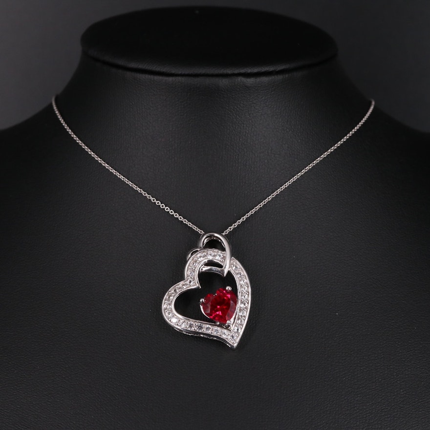 Sterling Silver Ruby and Sapphire Heart Pendant Necklace