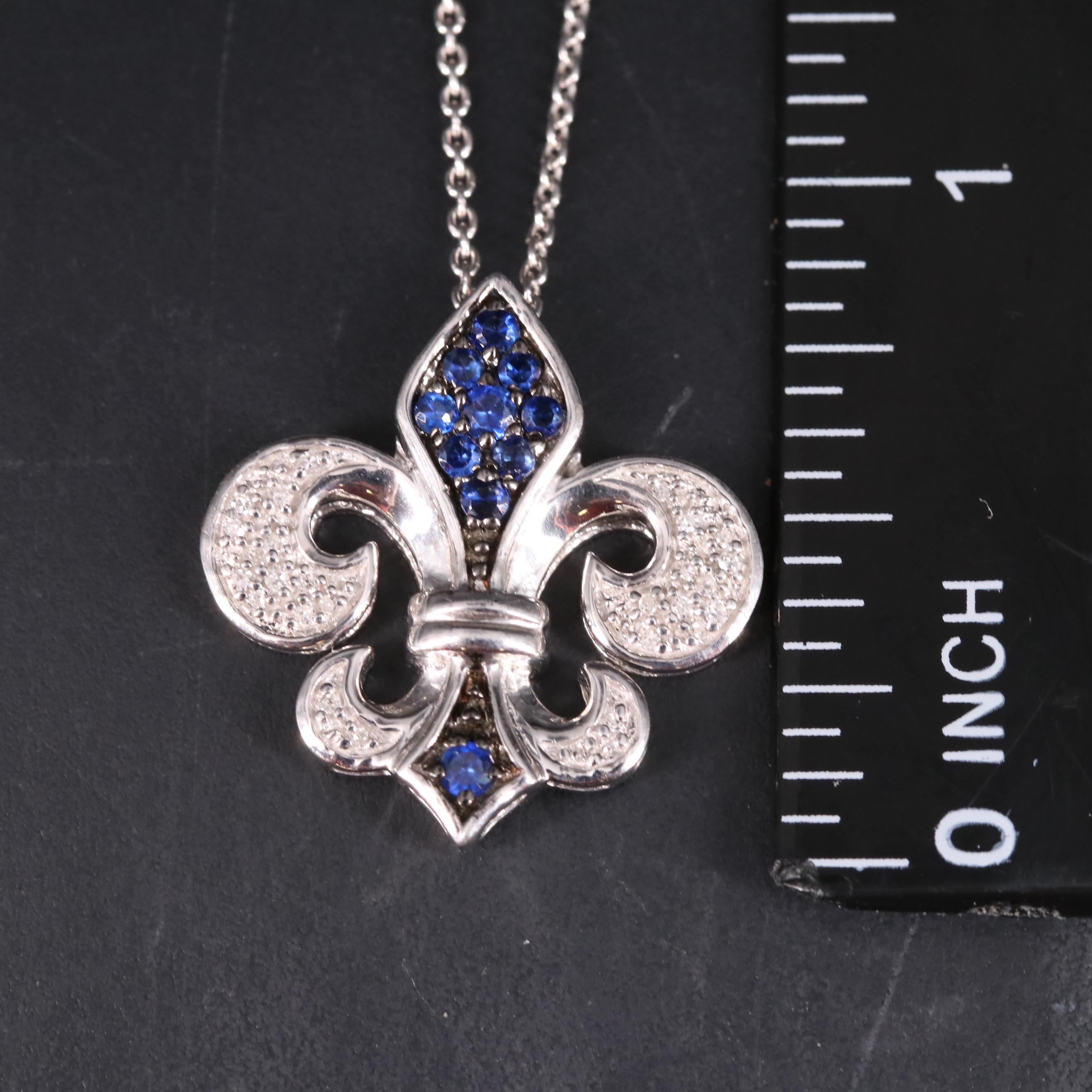 Sterling Silver Sapphire and Diamond Fleur-de-Lis Necklace