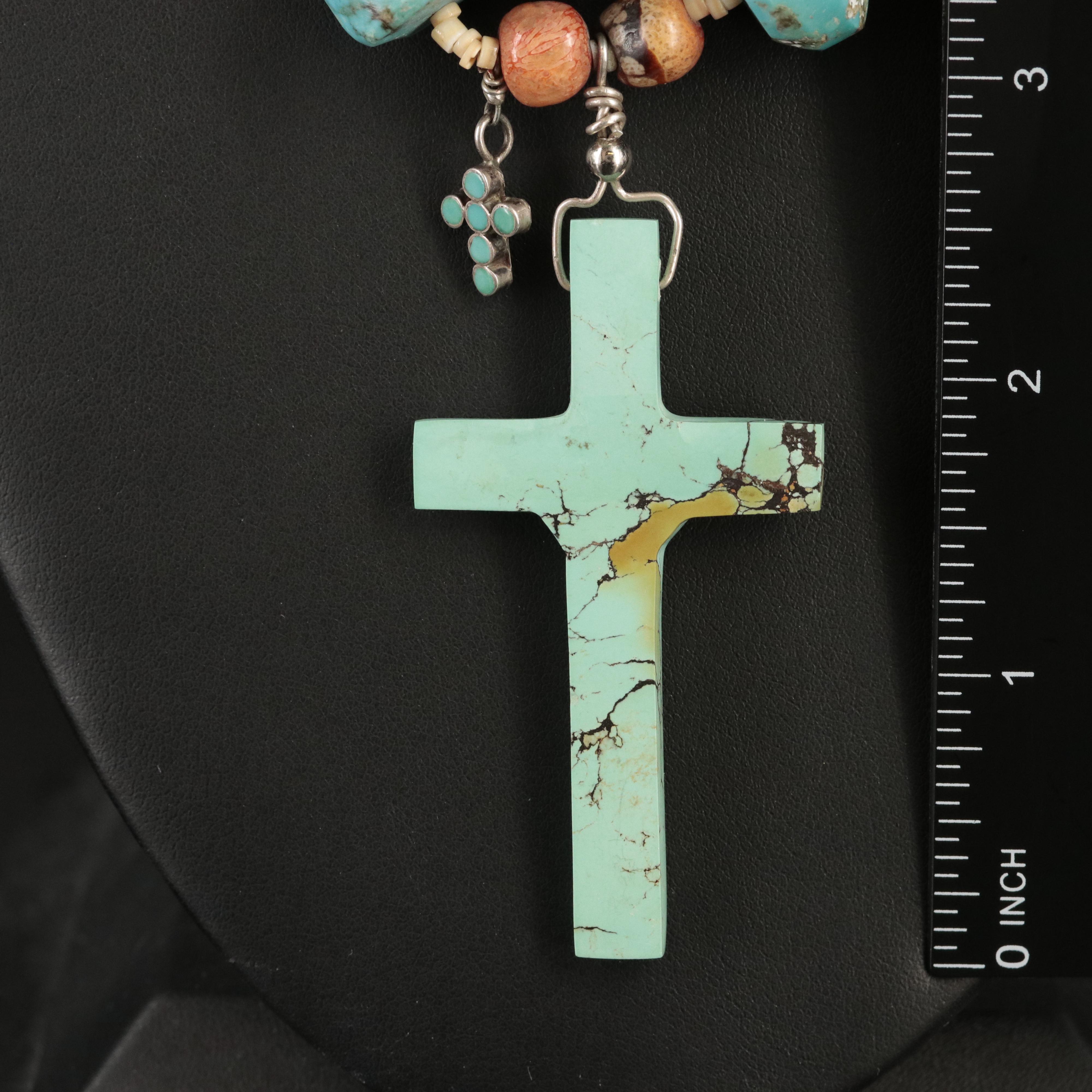 Sterling Turquoise, Coral and Horn Muti-Strand Cross Necklace