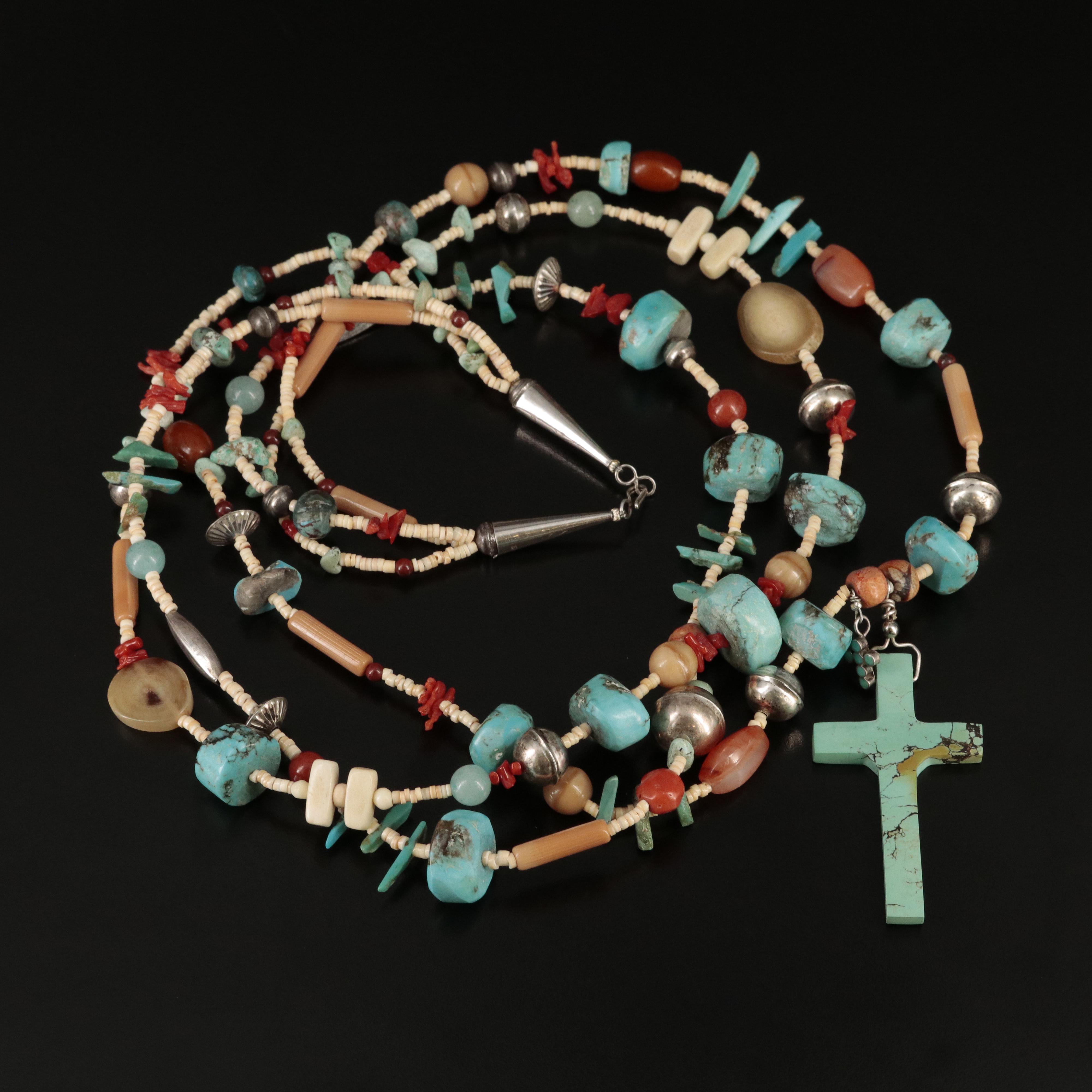 Sterling Turquoise, Coral and Horn Muti-Strand Cross Necklace