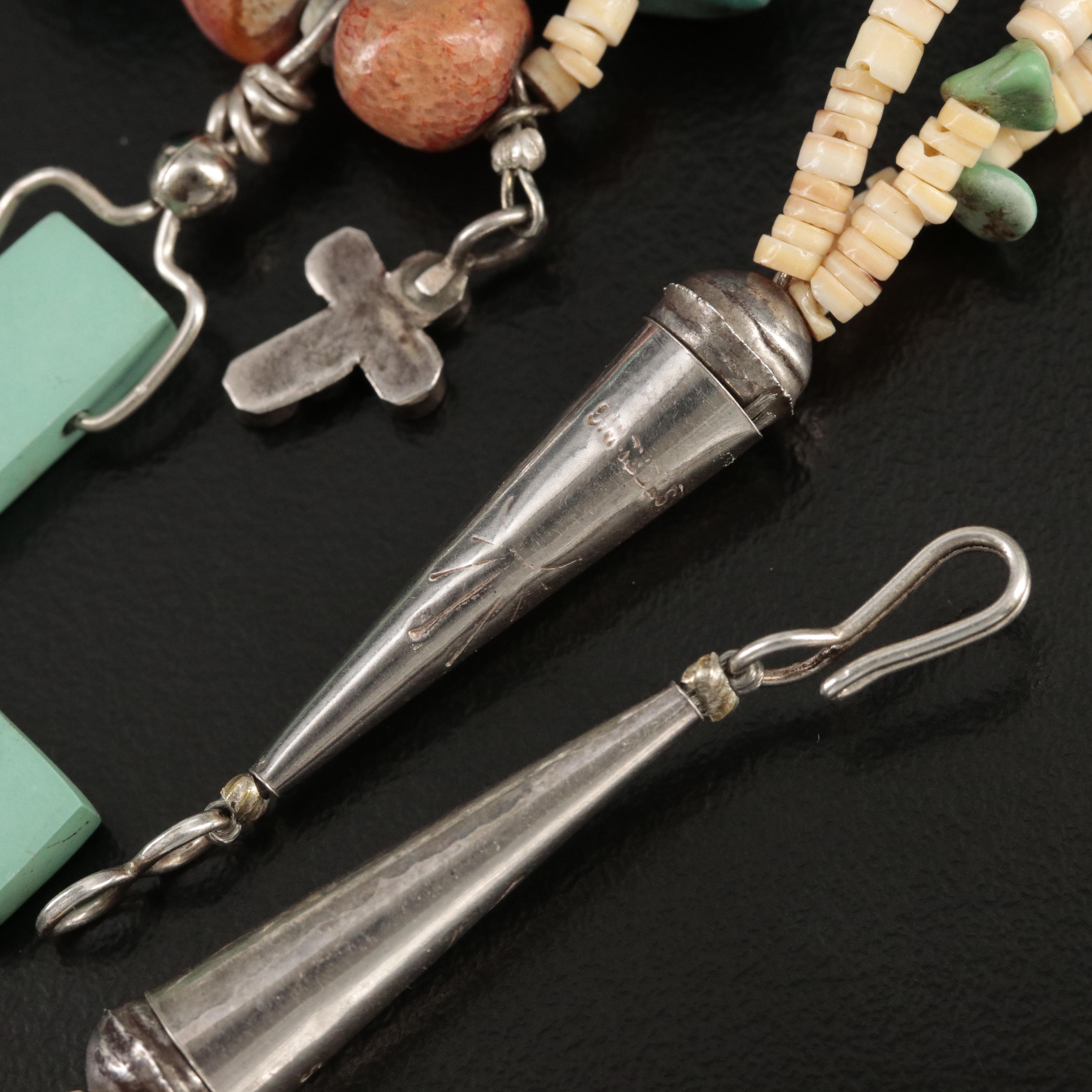 Sterling Turquoise, Coral and Horn Muti-Strand Cross Necklace