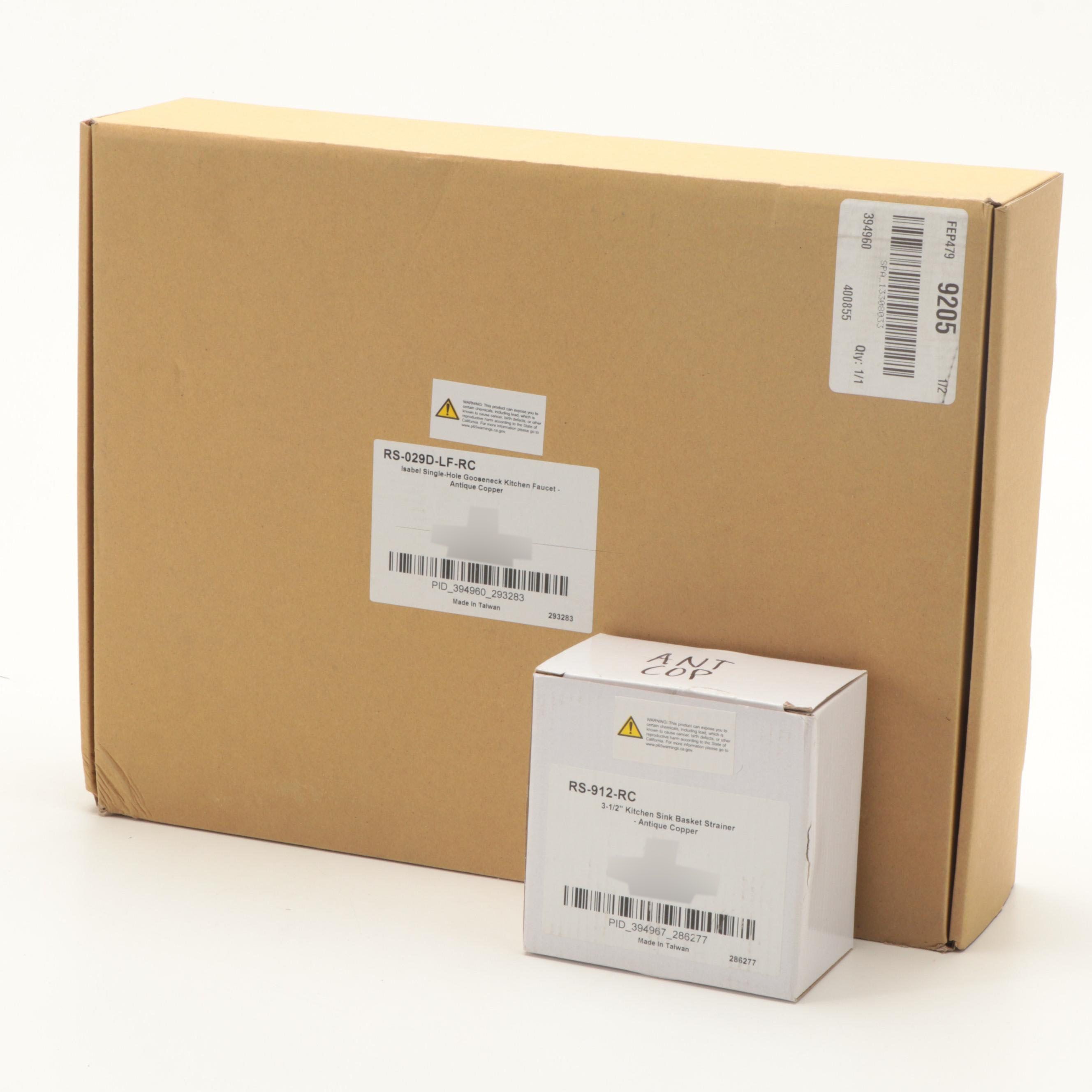 Antiqued Copper Finish Single-Hole Kitchen Faucet with Basket Strainer Drain