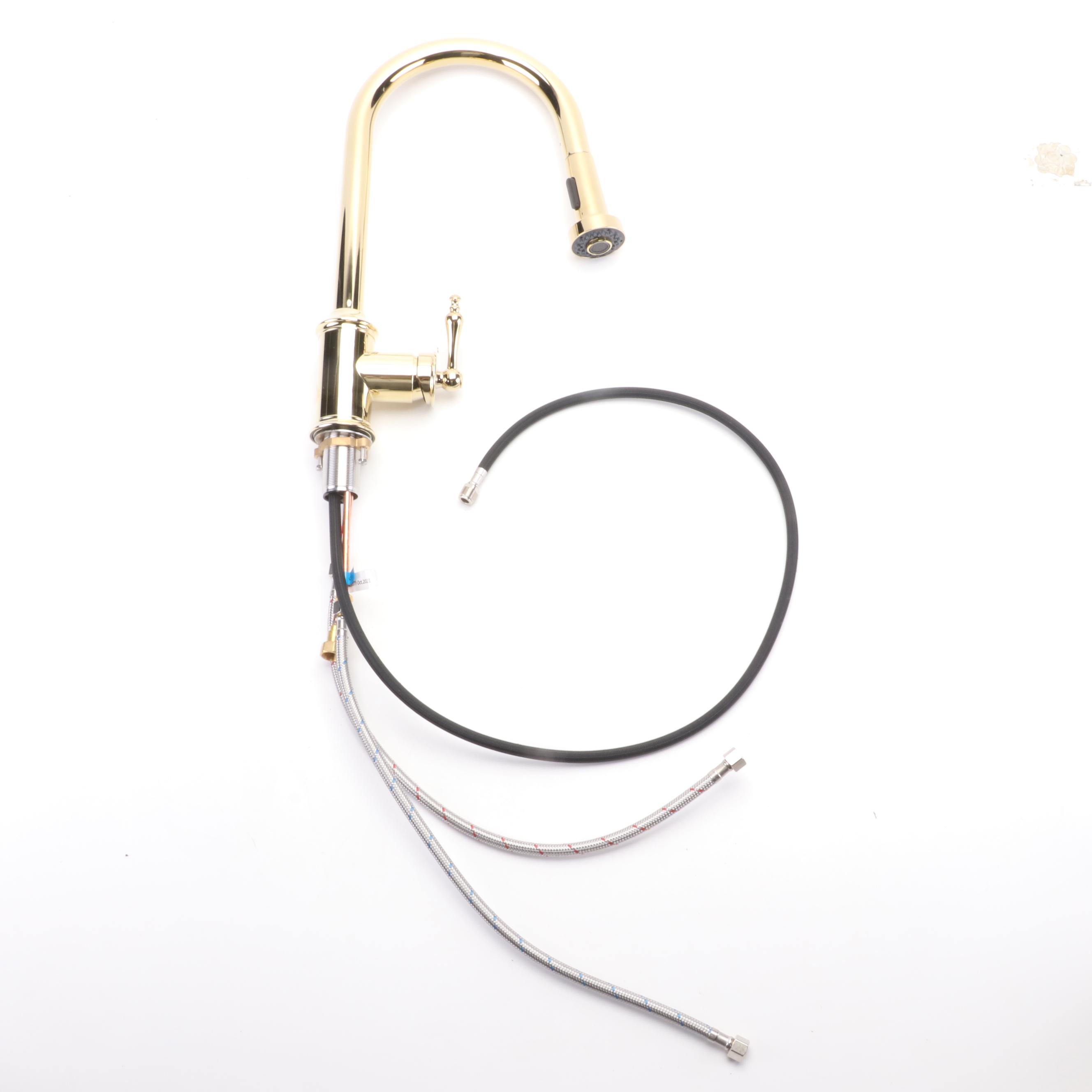 Polished Brass Kitchen Pull Down Faucet, Wall Mount Pot Filler and Sink Strainer