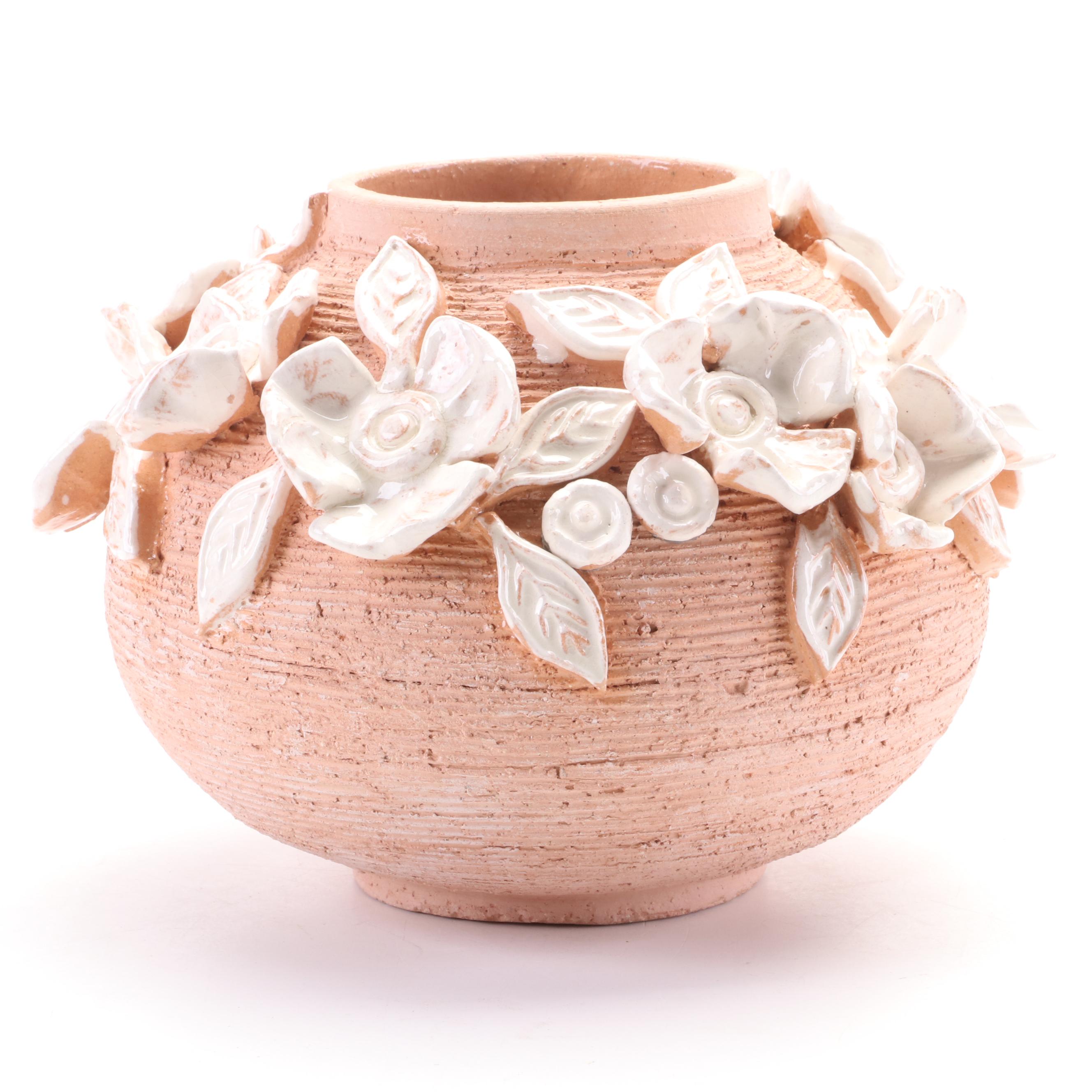 Signed Wheel-Thrown Terracotta Vase with Applied Glazed Floral Detail