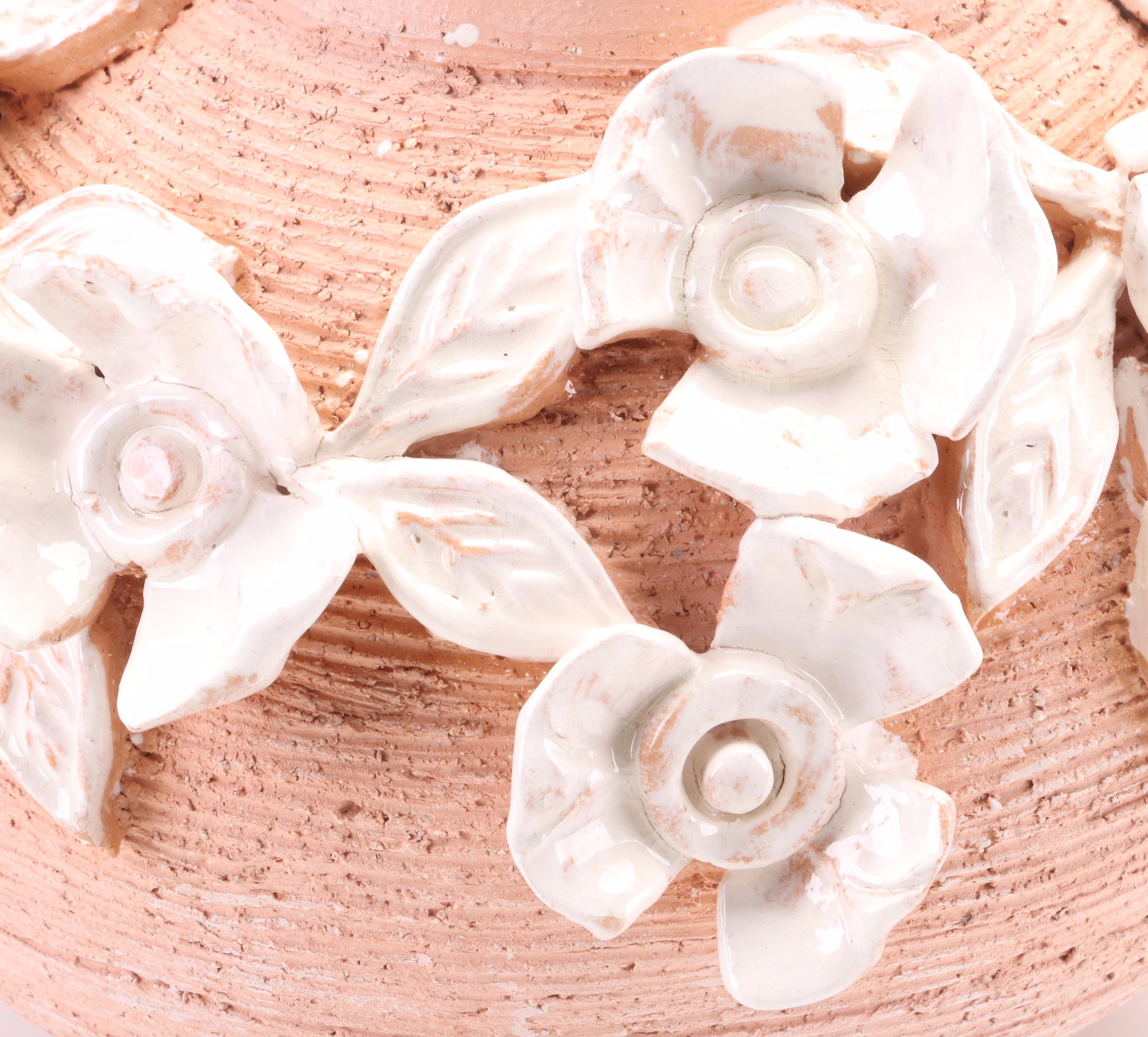 Signed Wheel-Thrown Terracotta Vase with Applied Glazed Floral Detail