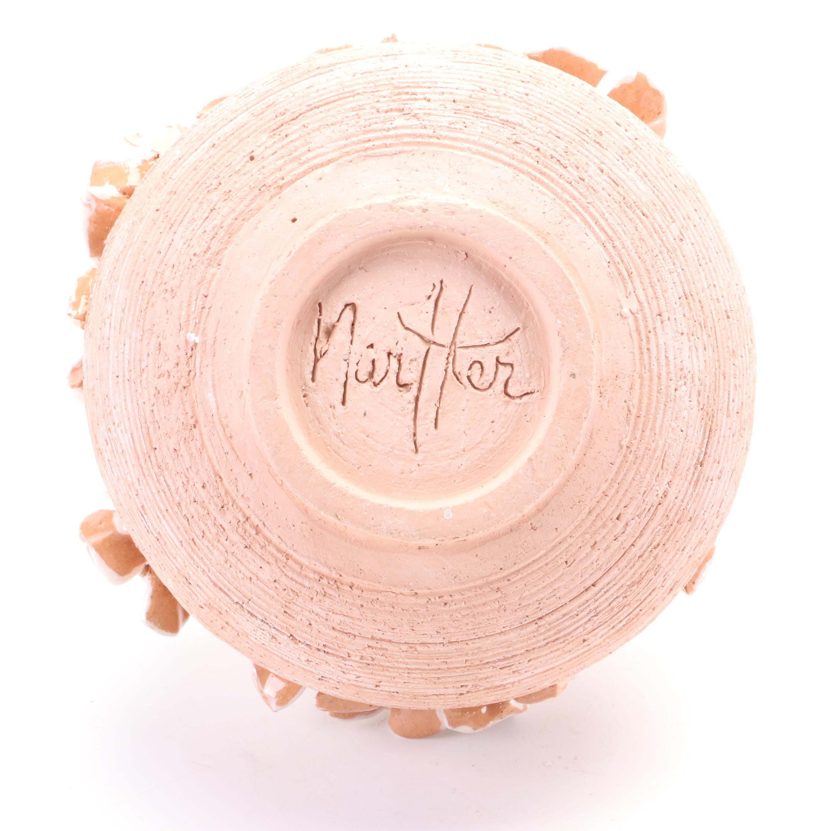 Signed Wheel-Thrown Terracotta Vase with Applied Glazed Floral Detail