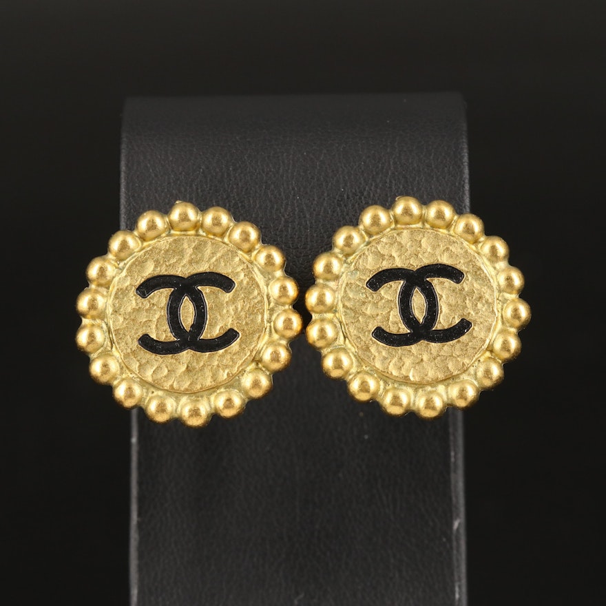 1995 Chanel Round Logo Textured Clip Earrings with Branded Box