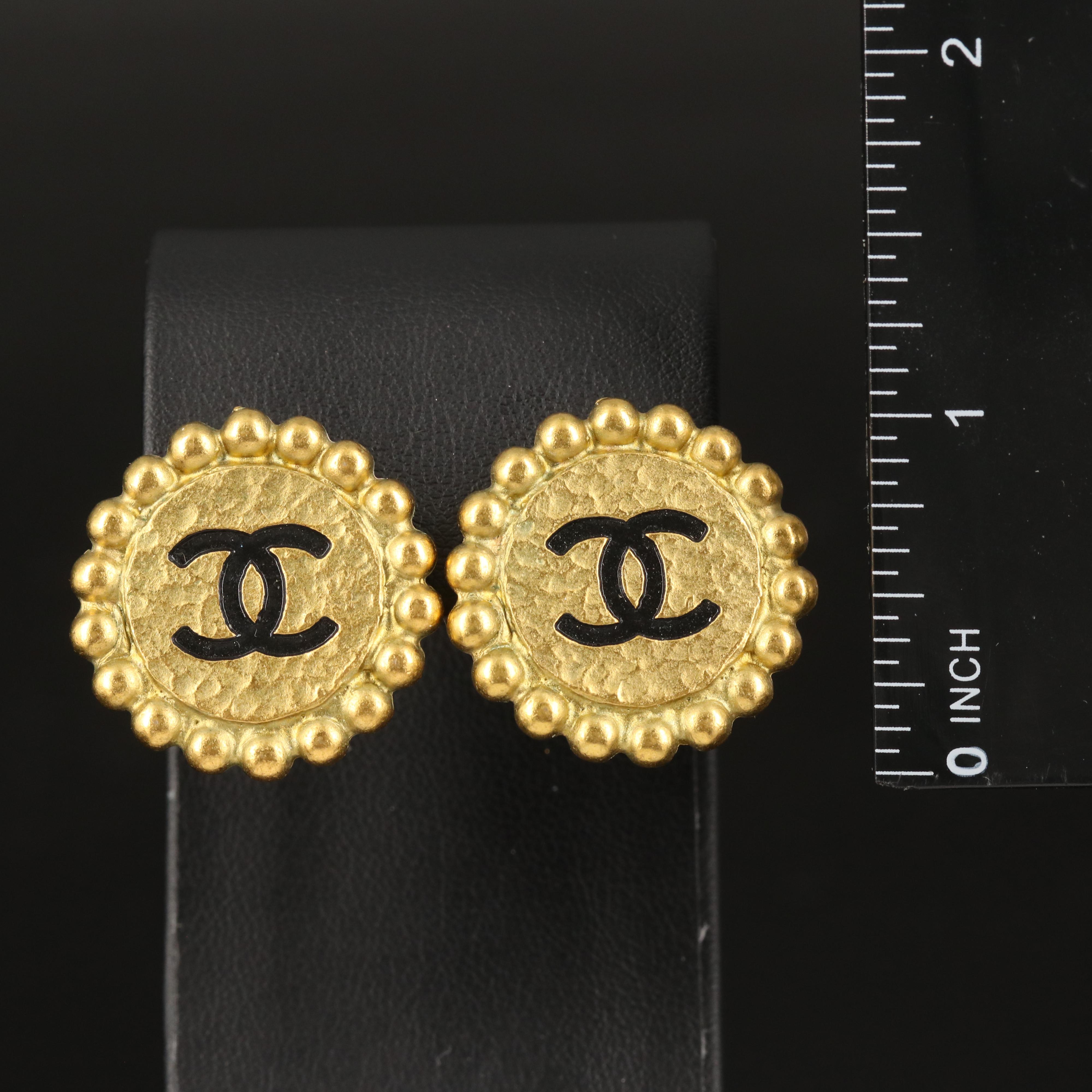 1995 Chanel Round Logo Textured Clip Earrings with Branded Box