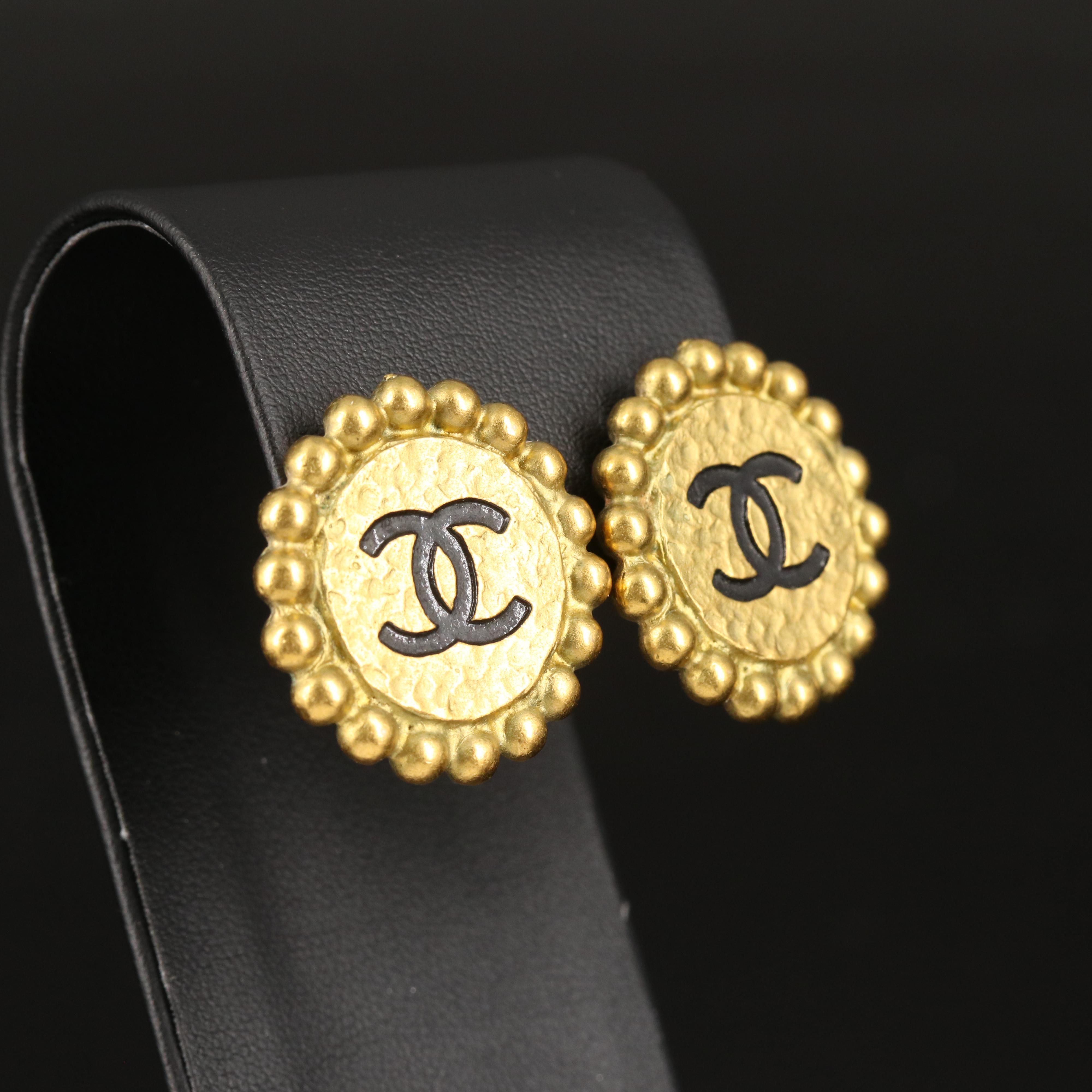 1995 Chanel Round Logo Textured Clip Earrings with Branded Box