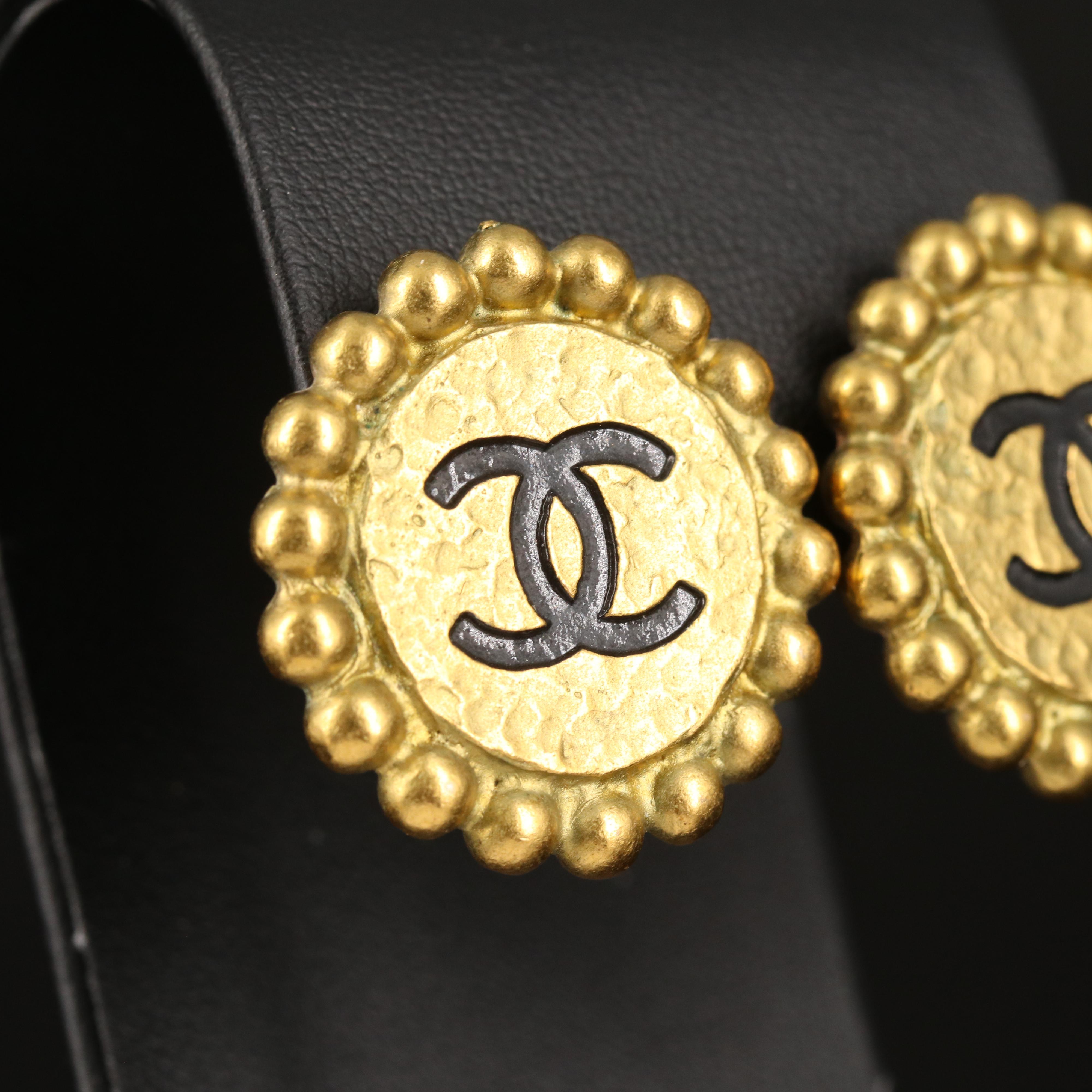 1995 Chanel Round Logo Textured Clip Earrings with Branded Box
