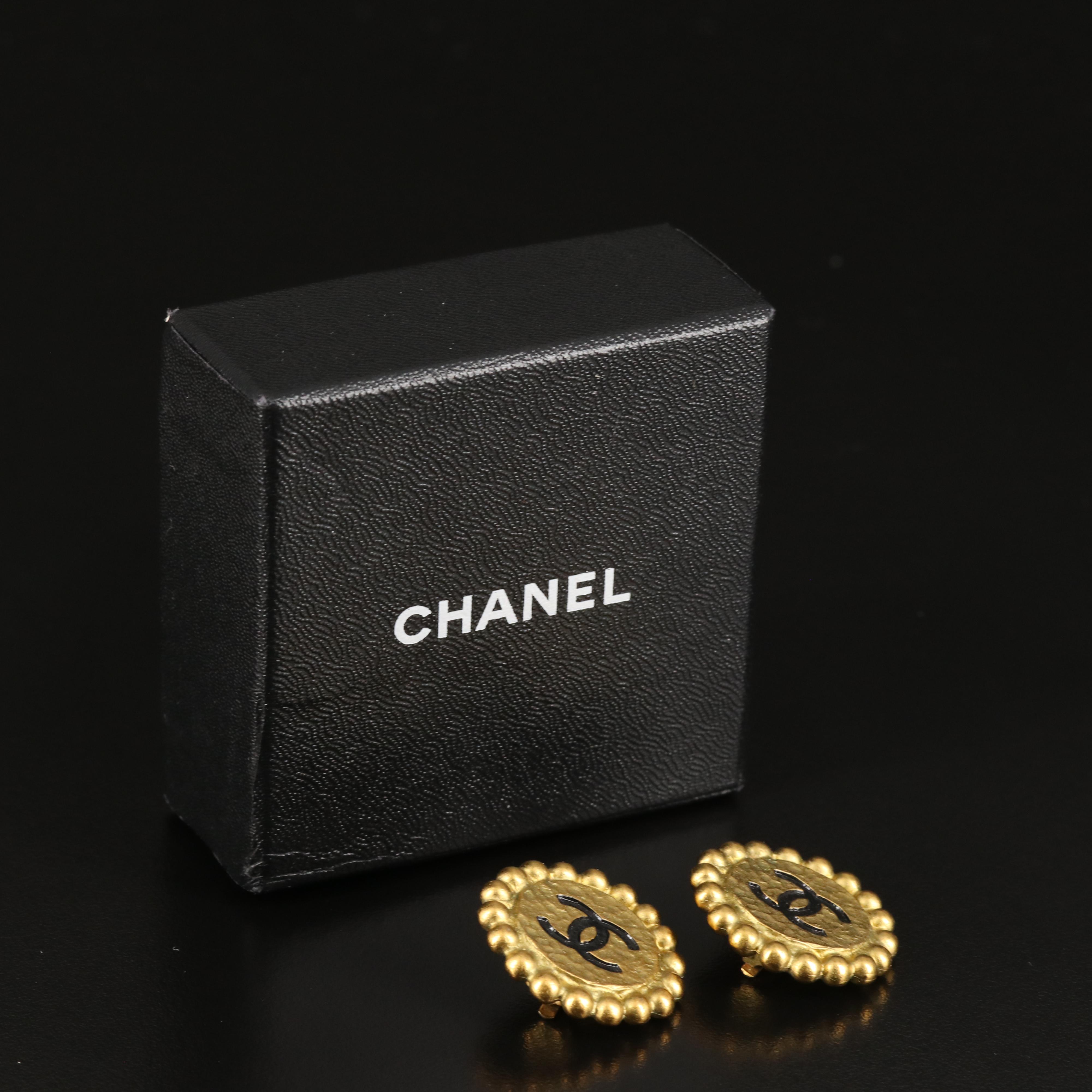 1995 Chanel Round Logo Textured Clip Earrings with Branded Box