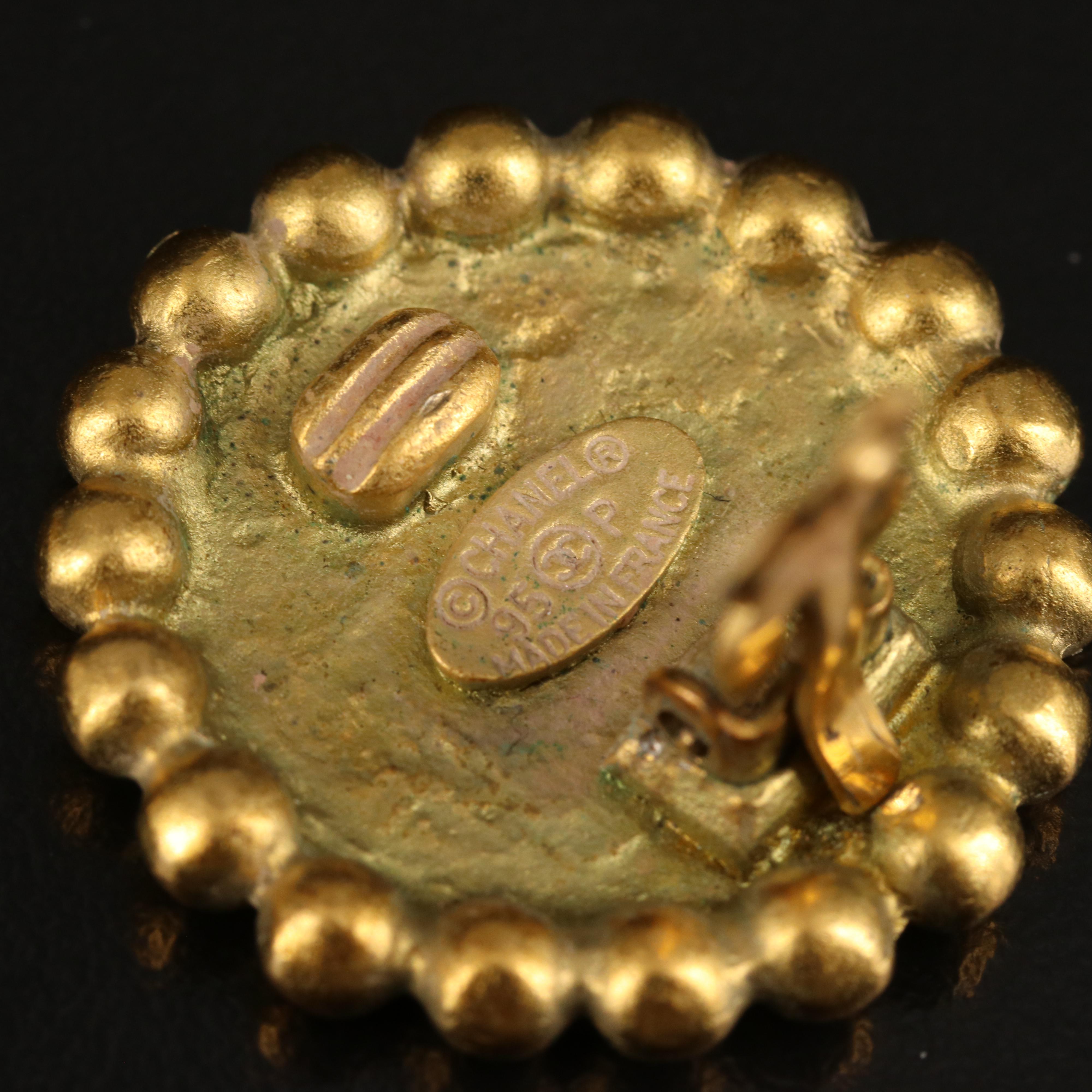 1995 Chanel Round Logo Textured Clip Earrings with Branded Box