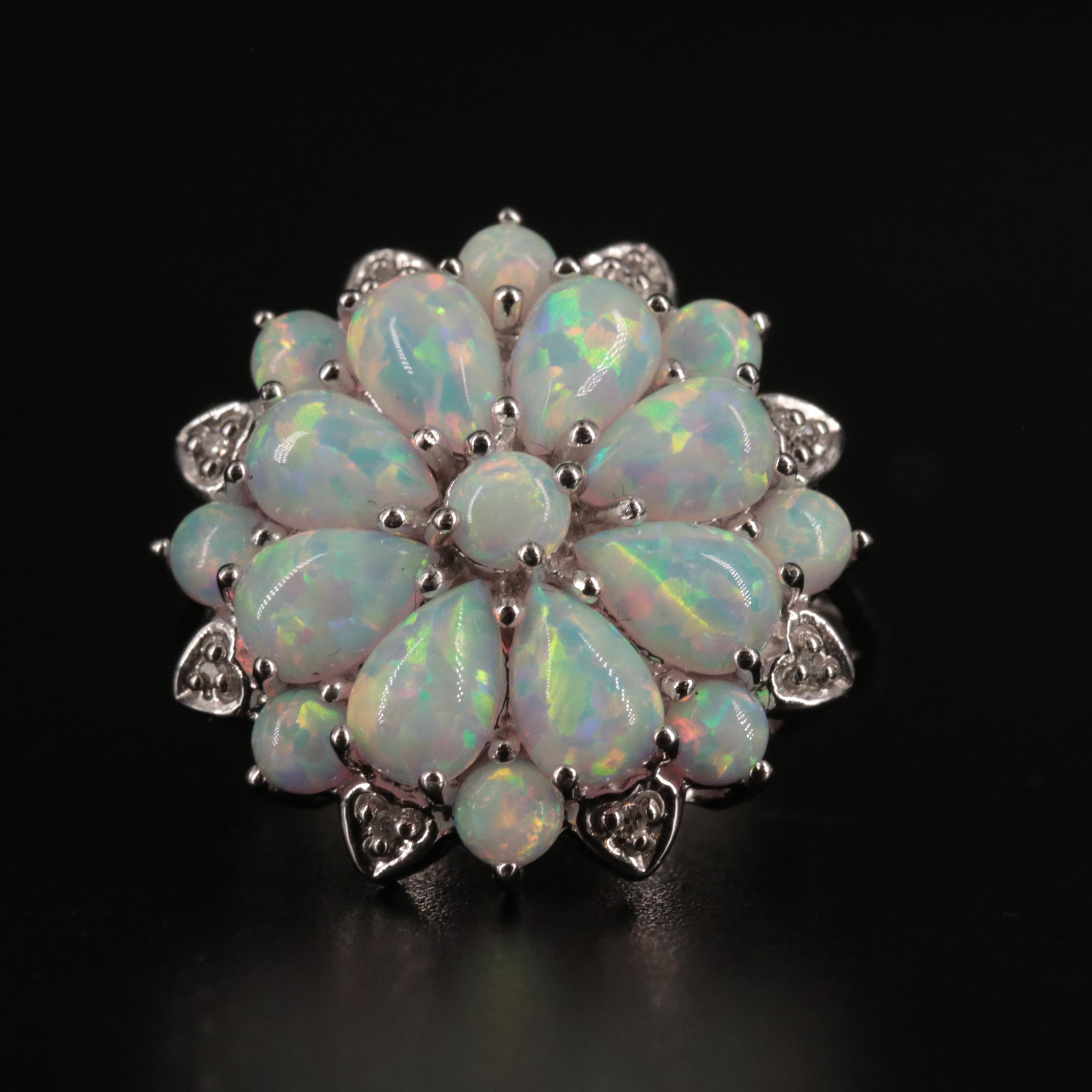 Sterling Silver Opal Flower Ring with Diamond Accents