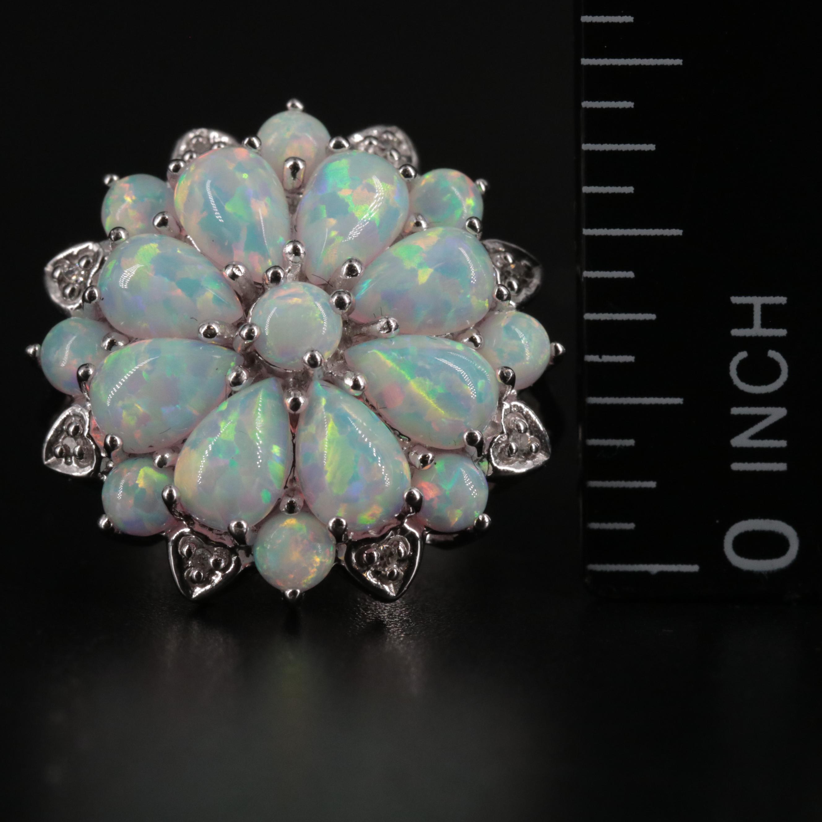 Sterling Silver Opal Flower Ring with Diamond Accents