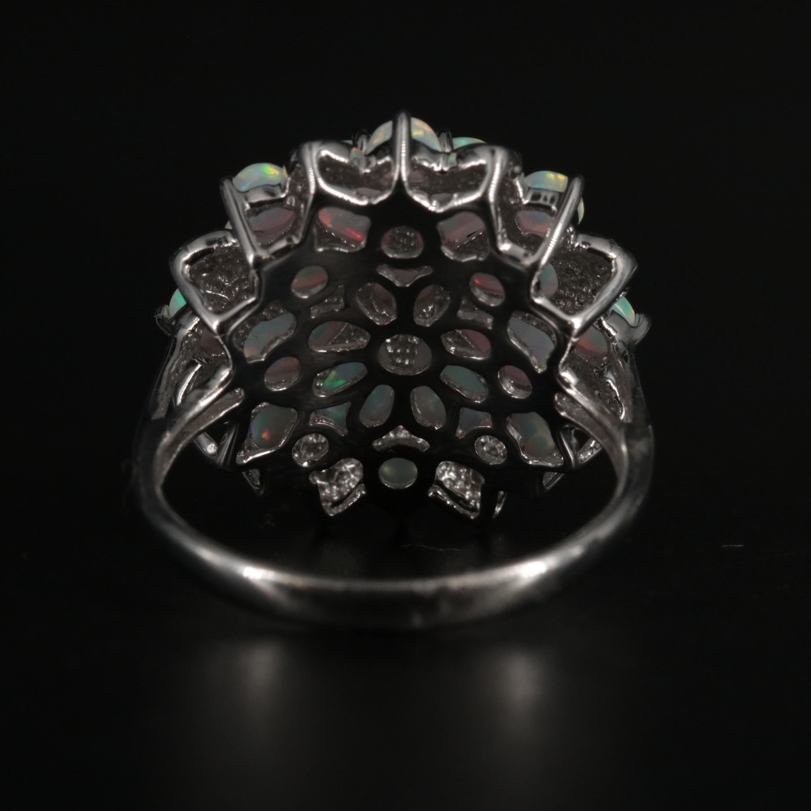 Sterling Silver Opal Flower Ring with Diamond Accents