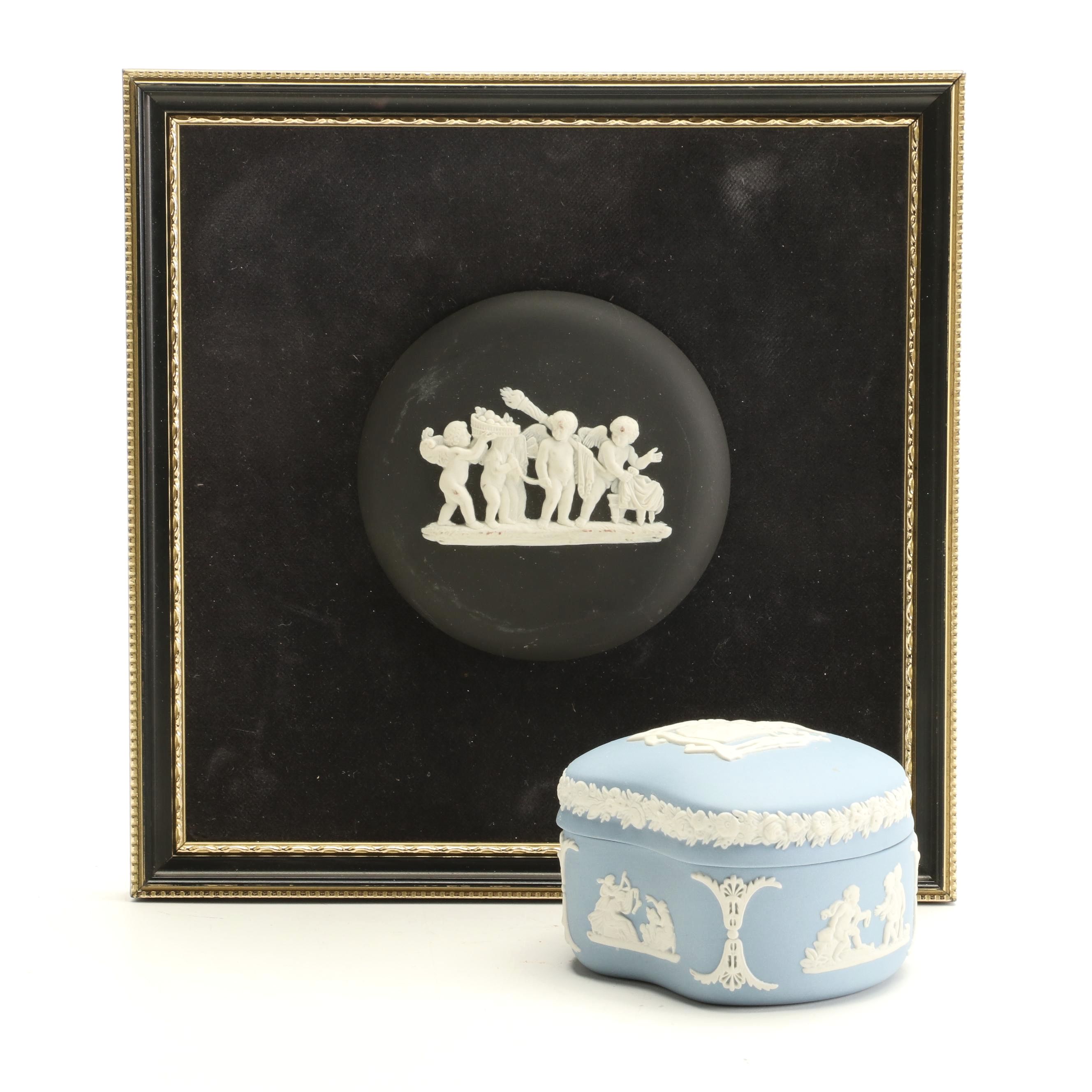 Wedgwood Jasperware Blue Trinket Box and Framed Black Medallion