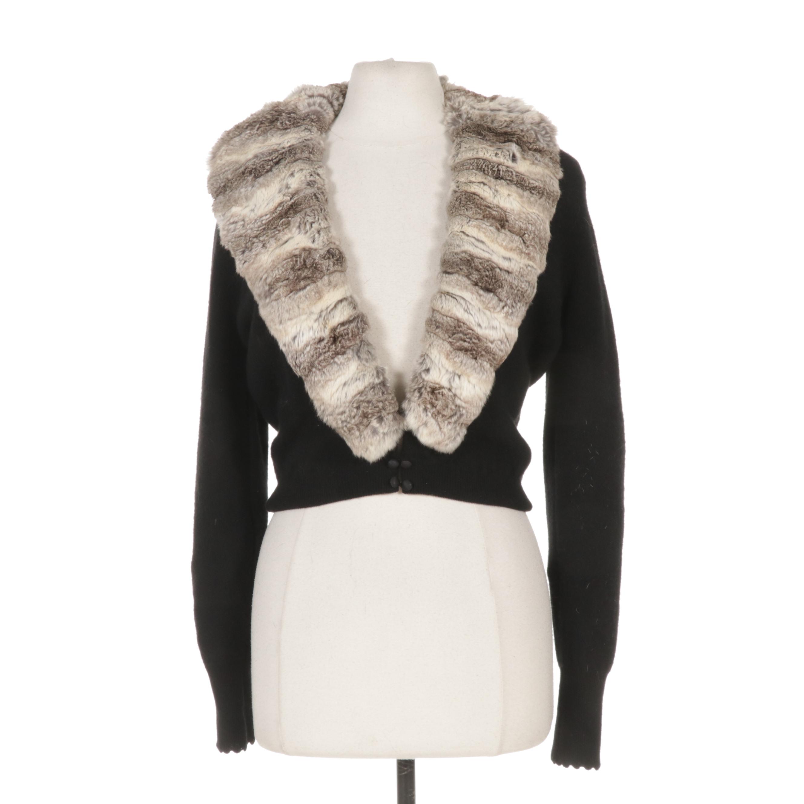 Wool Cropped Sweater with Chinchilla Dyed Rex Rabbit Fur Collar