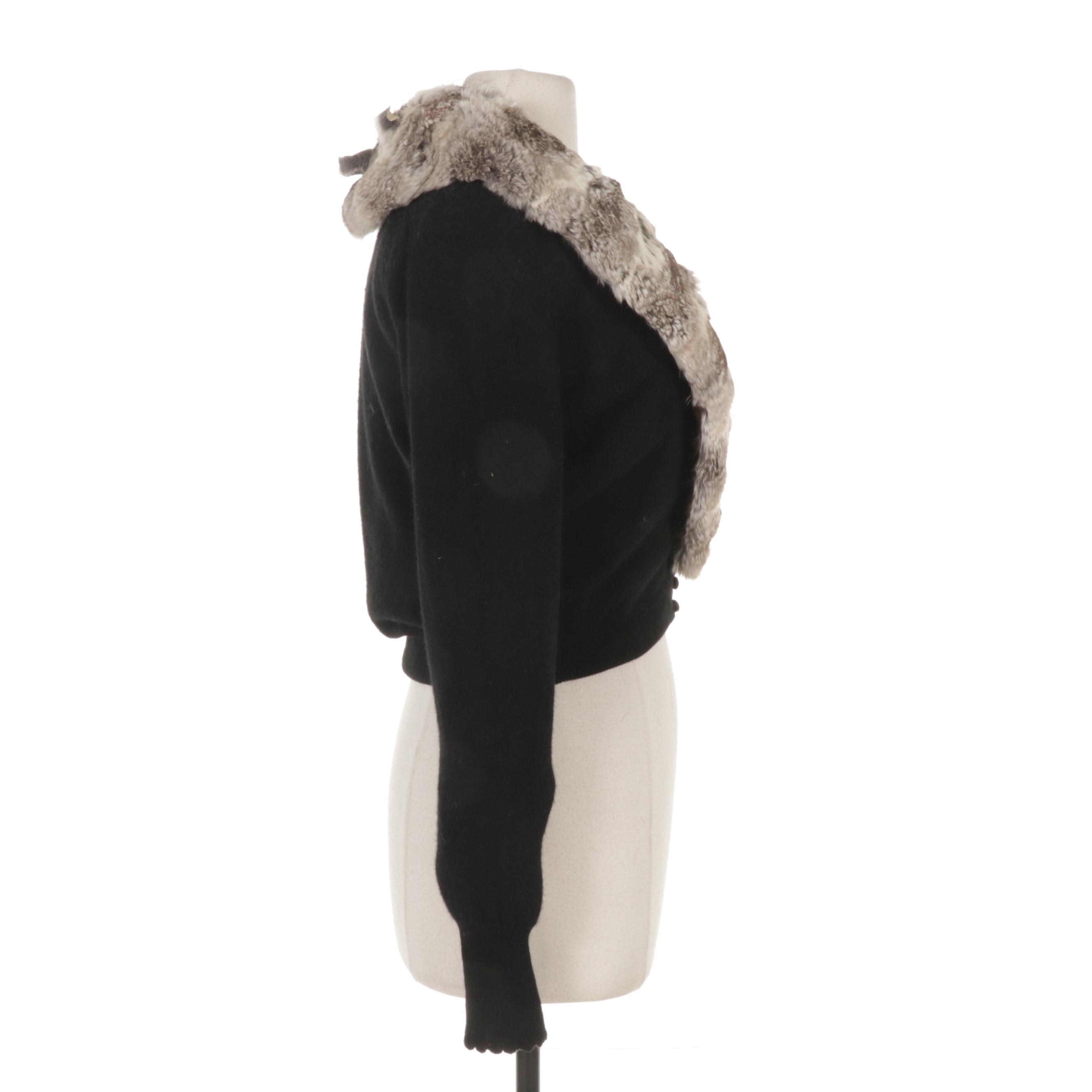 Wool Cropped Sweater with Chinchilla Dyed Rex Rabbit Fur Collar