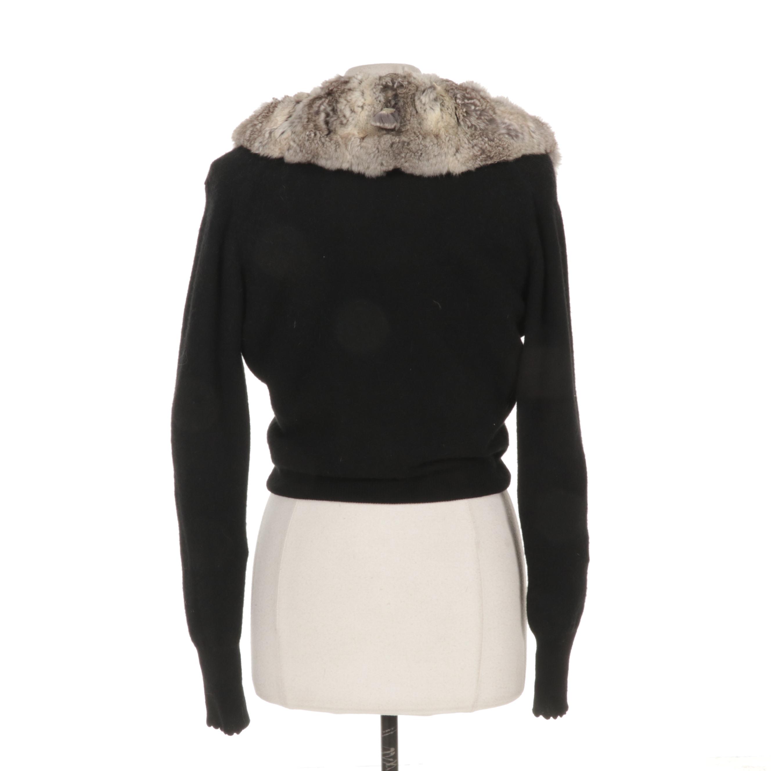 Wool Cropped Sweater with Chinchilla Dyed Rex Rabbit Fur Collar