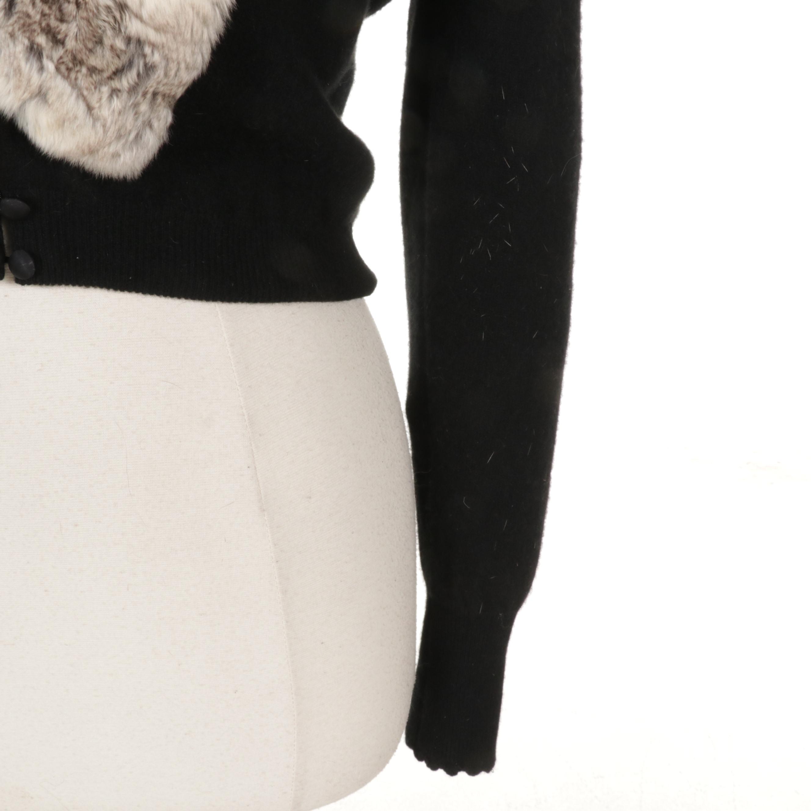 Wool Cropped Sweater with Chinchilla Dyed Rex Rabbit Fur Collar