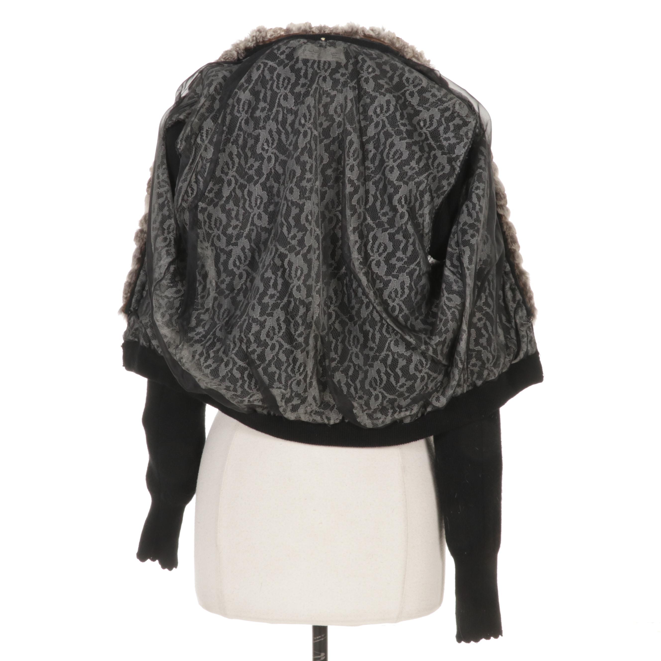 Wool Cropped Sweater with Chinchilla Dyed Rex Rabbit Fur Collar