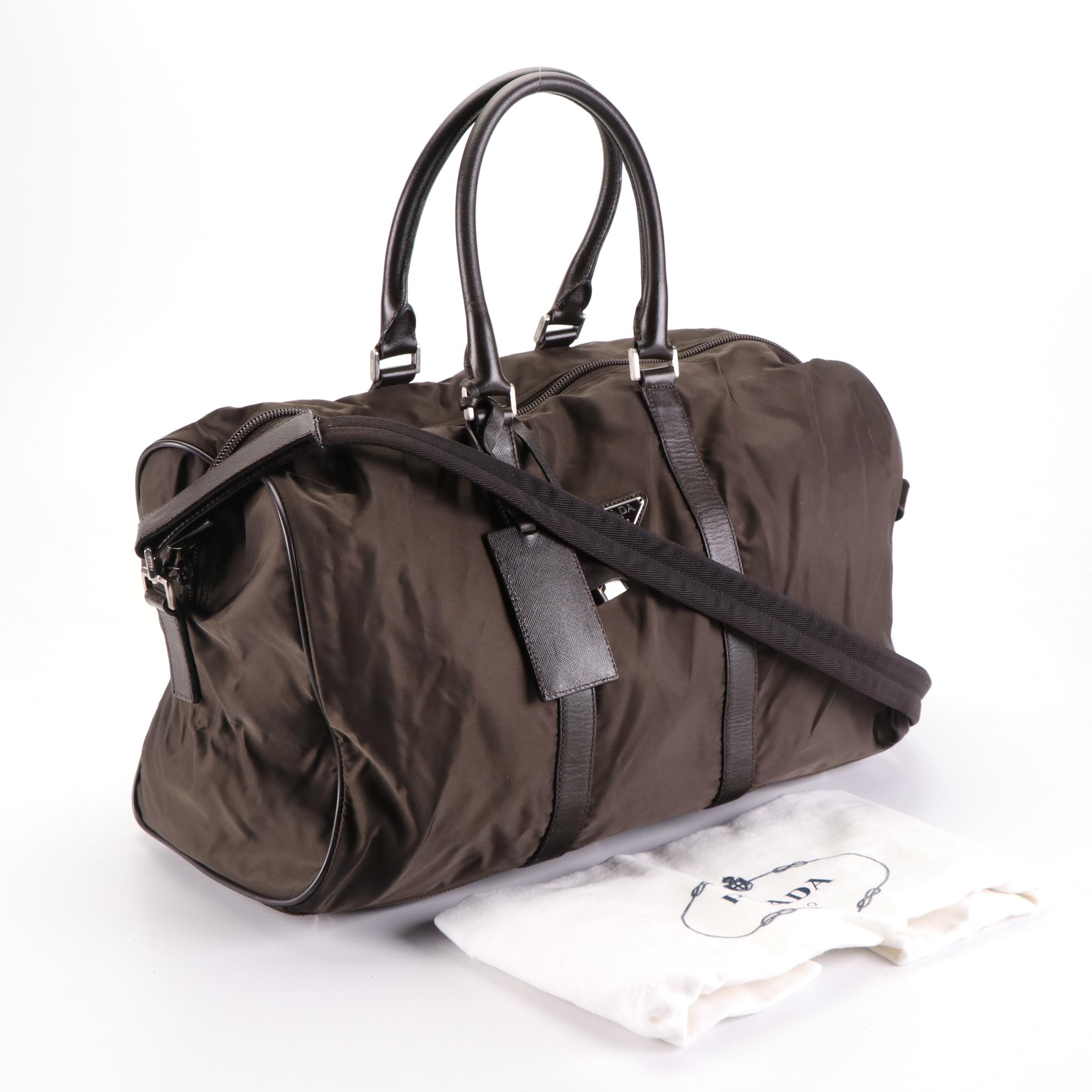 Prada Duffle Bag in Brown Nylon Gabardine and Saffiano Leather w/Shoulder Strap