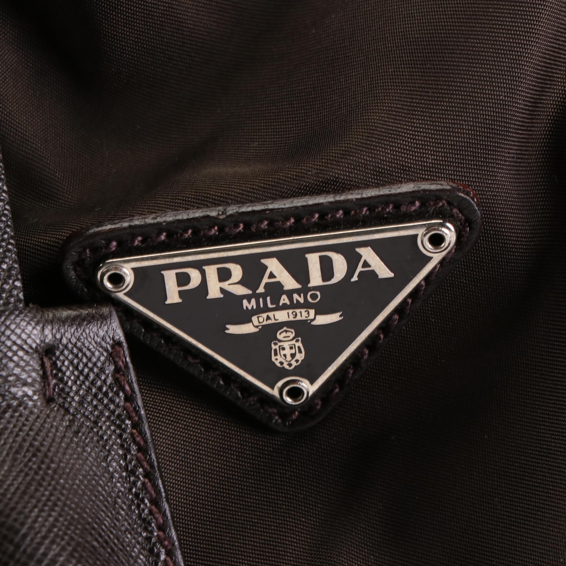 Prada Duffle Bag in Brown Nylon Gabardine and Saffiano Leather w/Shoulder Strap