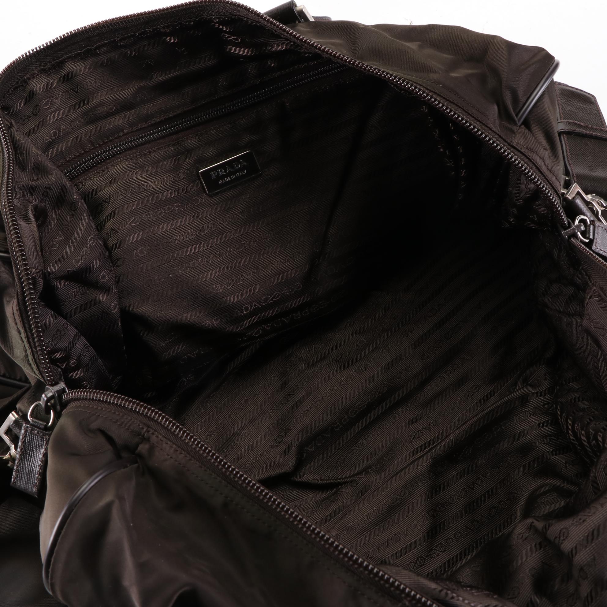 Prada Duffle Bag in Brown Nylon Gabardine and Saffiano Leather w/Shoulder Strap