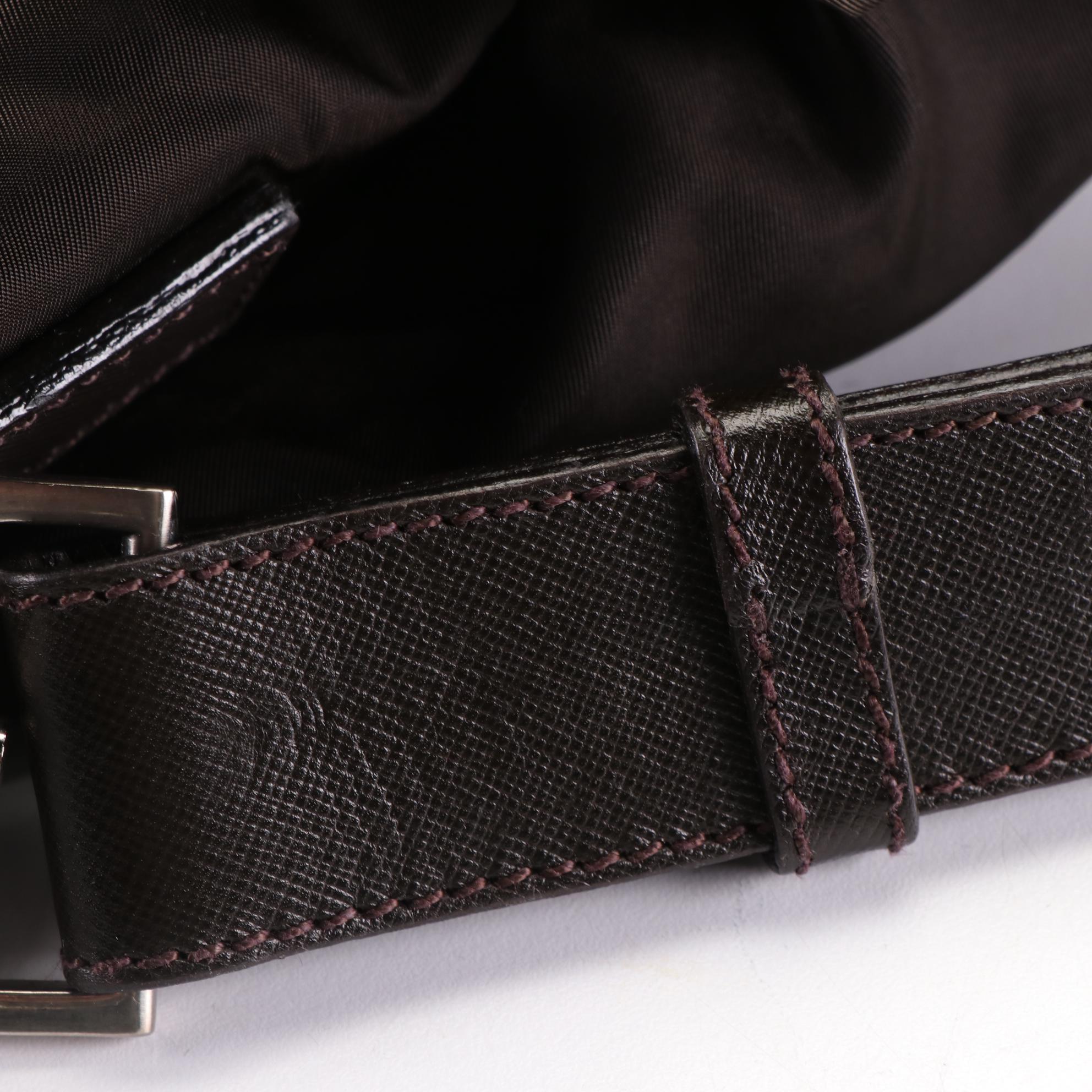 Prada Duffle Bag in Brown Nylon Gabardine and Saffiano Leather w/Shoulder Strap