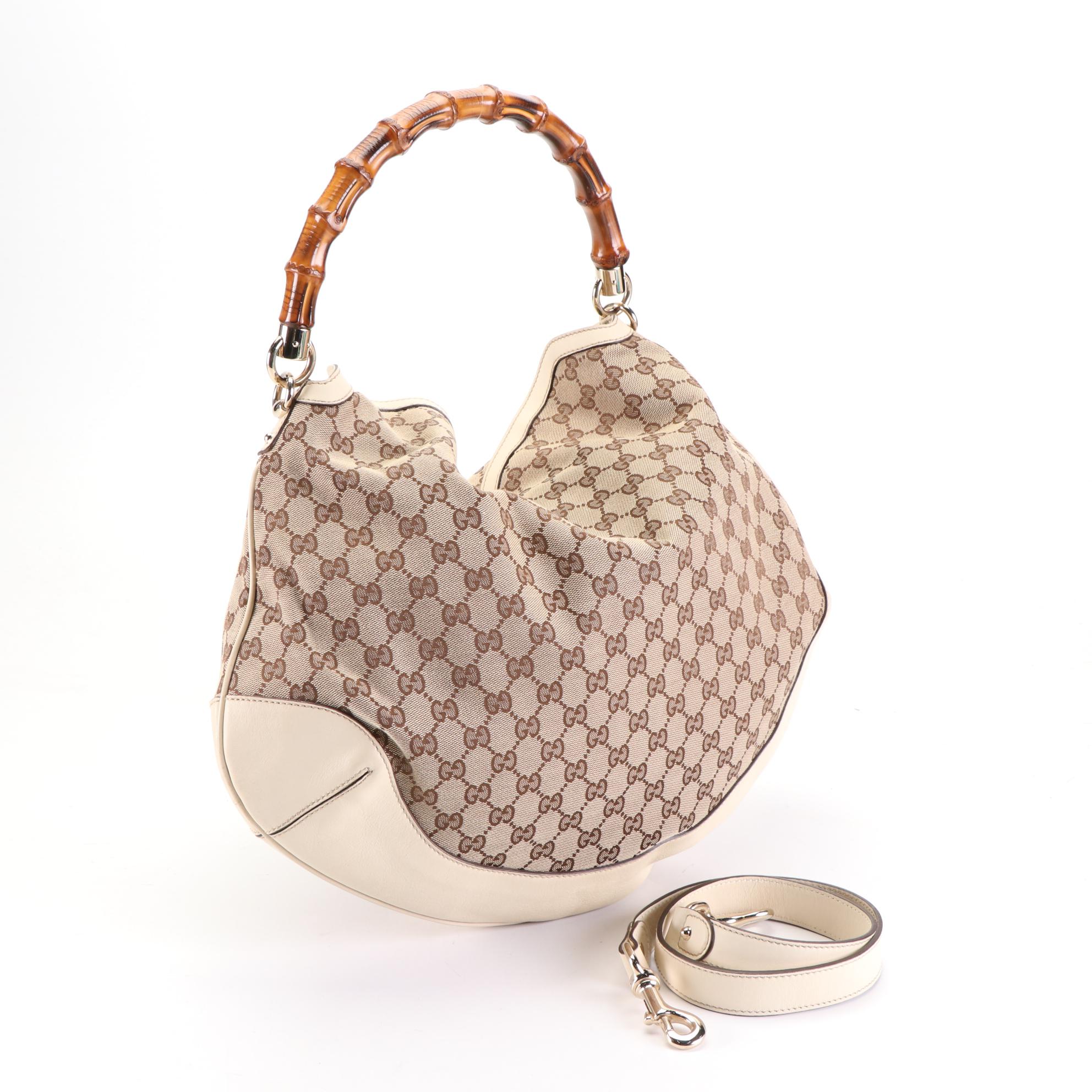 Gucci Bamboo Large Hobo Bag in GG Canvas and Ivory Leather w/Strap