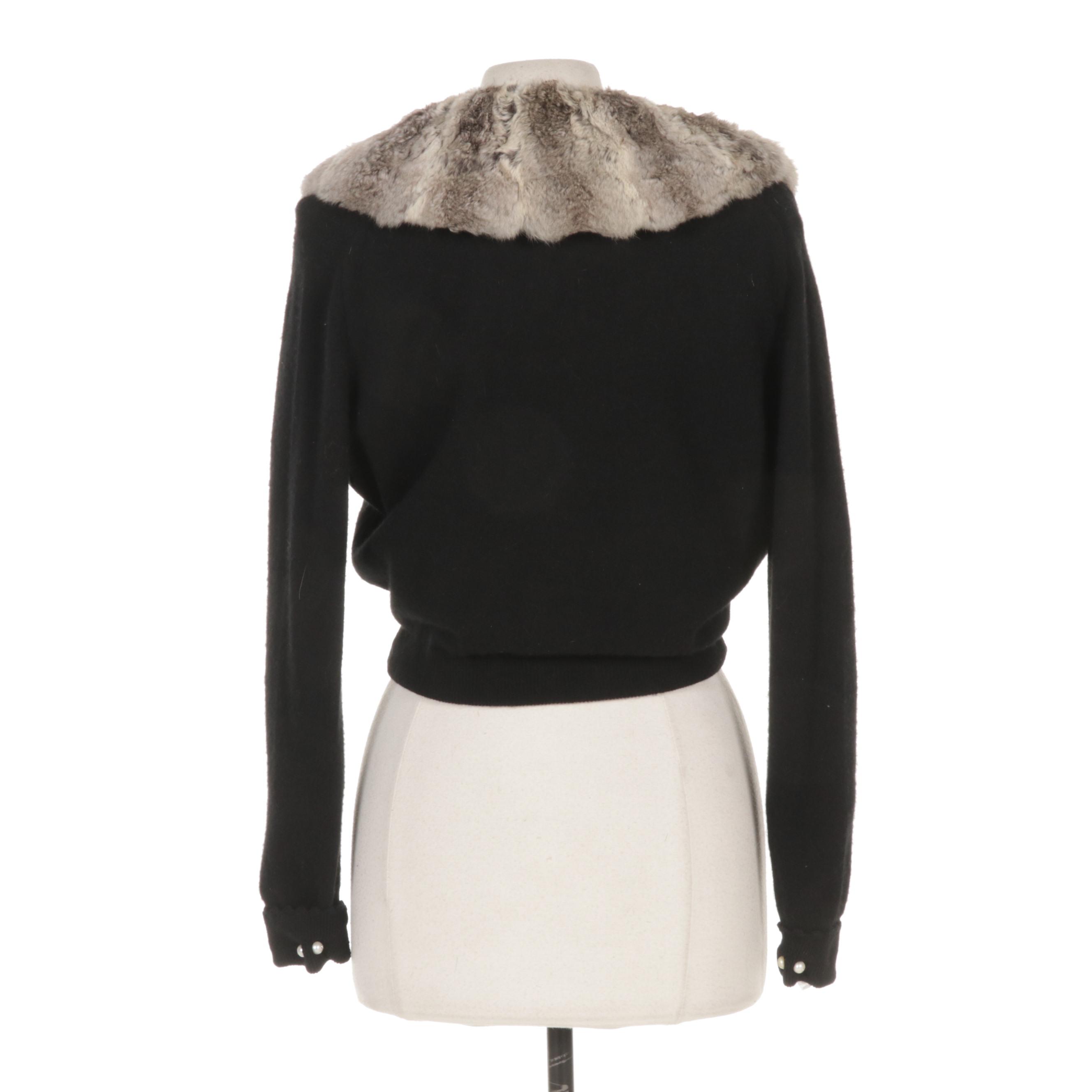 Wool Cropped Sweater with Chinchilla Dyed Rex Rabbit Fur Collar