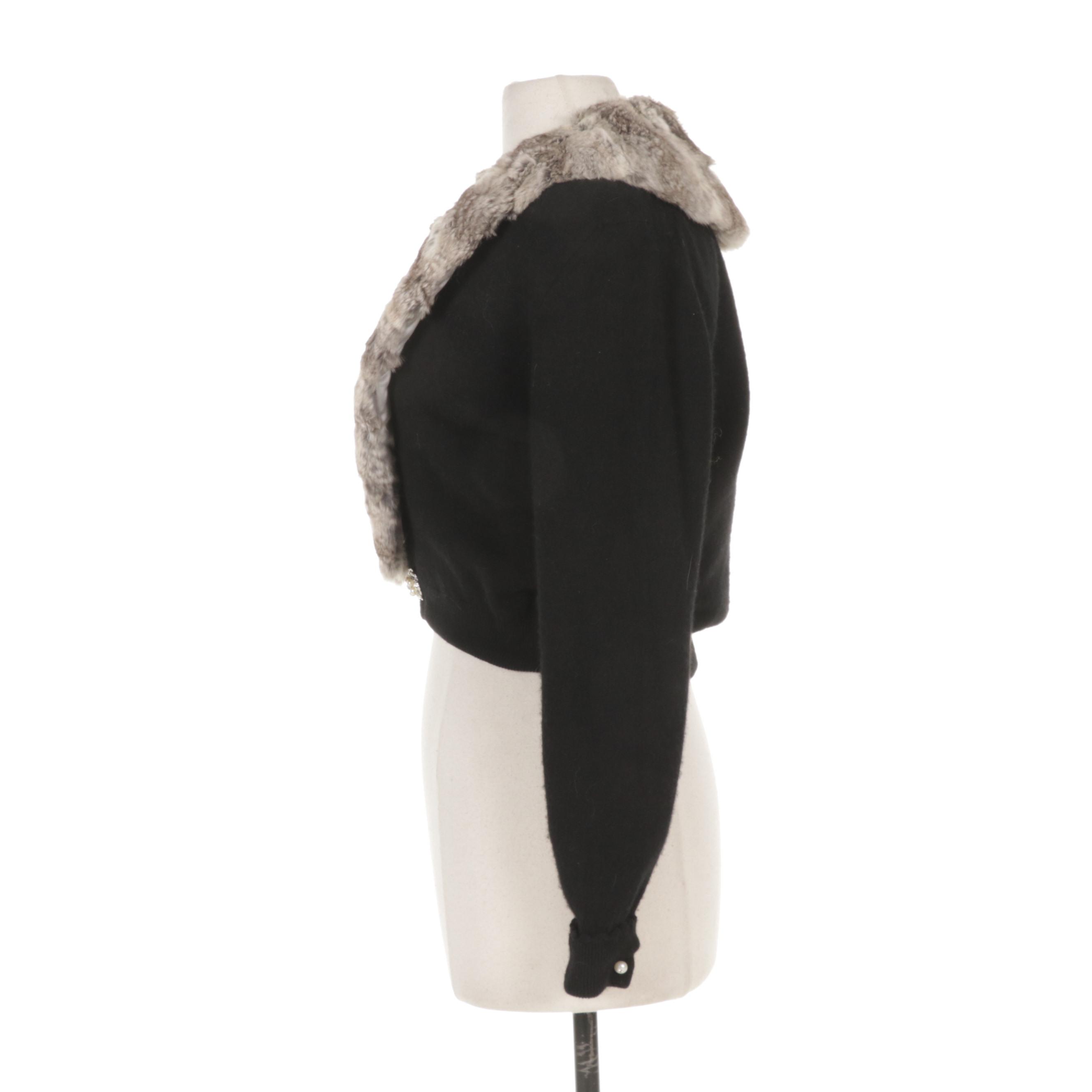 Wool Cropped Sweater with Chinchilla Dyed Rex Rabbit Fur Collar