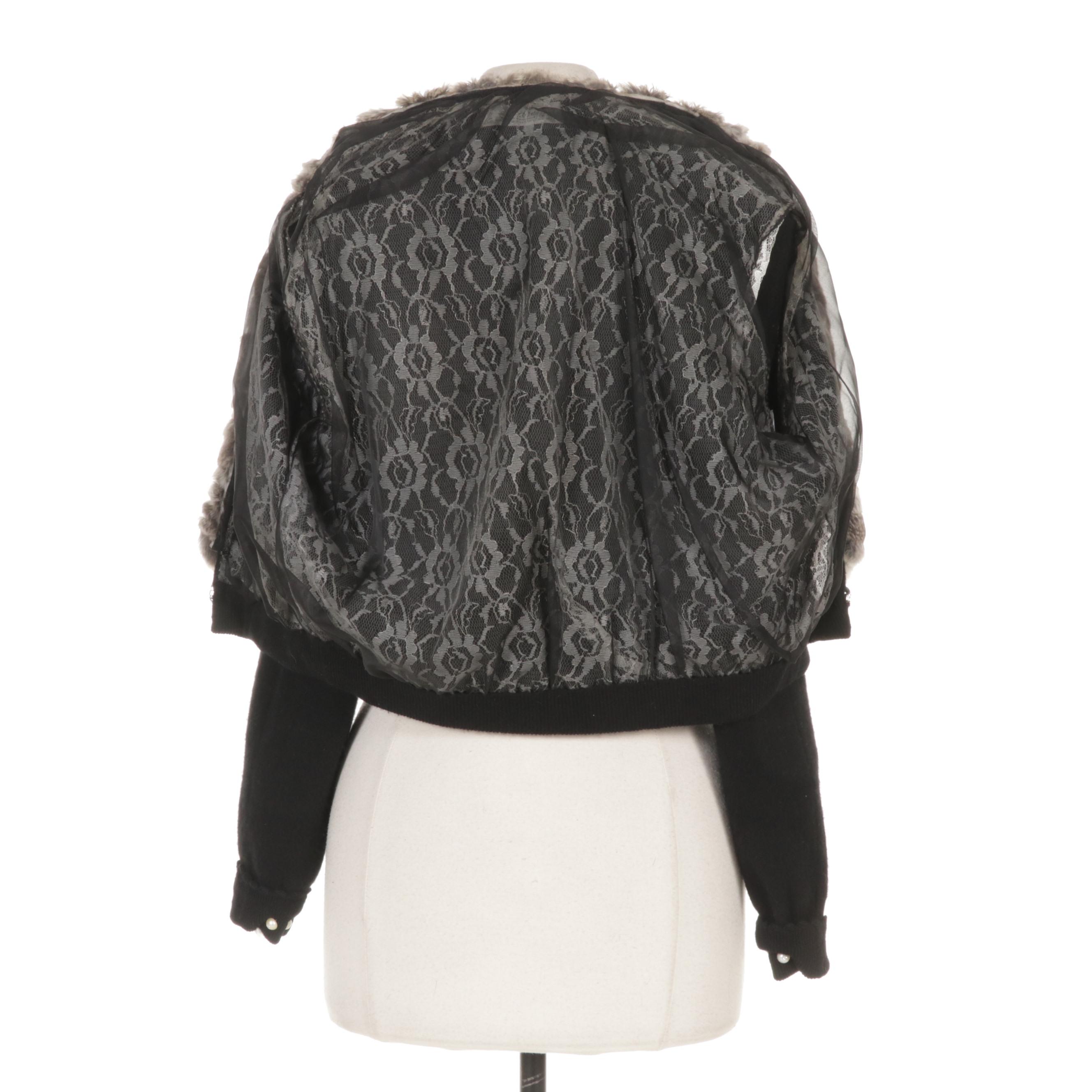 Wool Cropped Sweater with Chinchilla Dyed Rex Rabbit Fur Collar