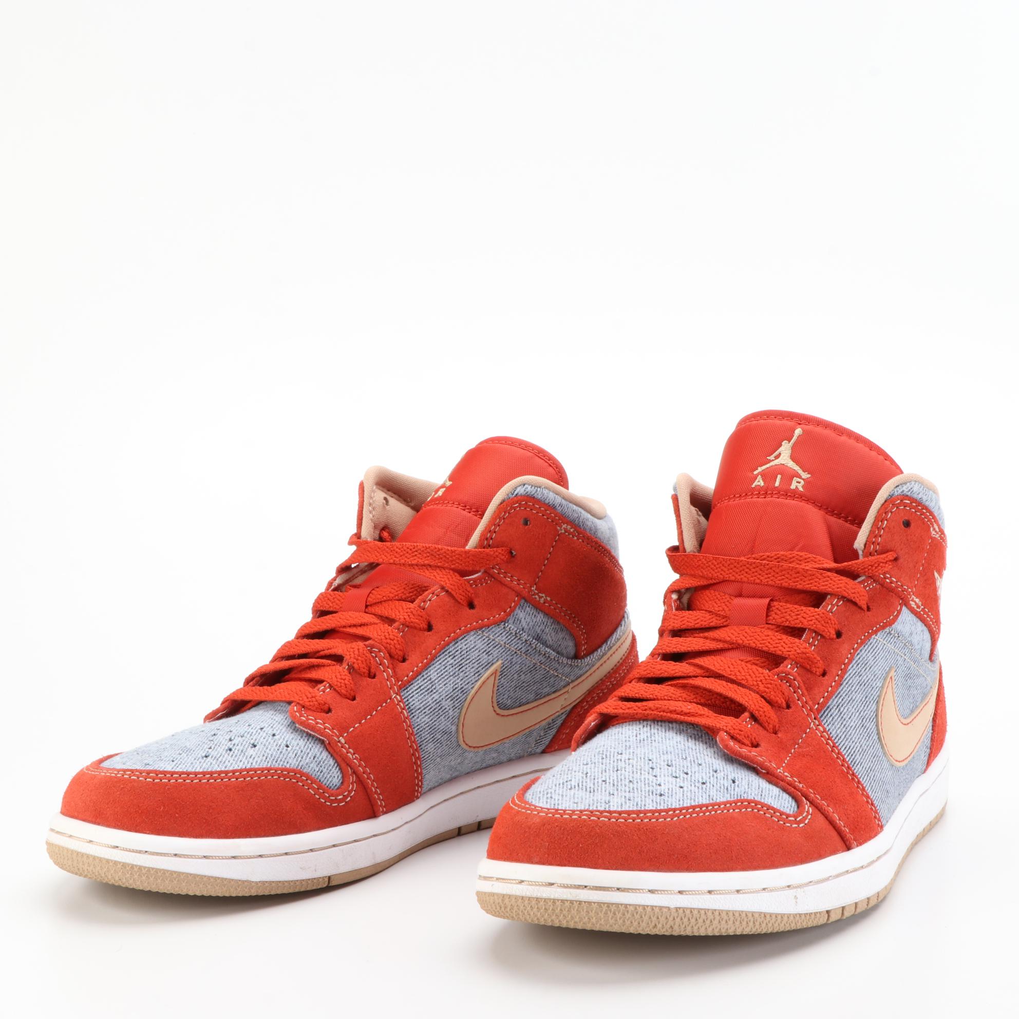 Men's Air Jordan 1 "Denim Red" Mid-Top Sneakers with Box