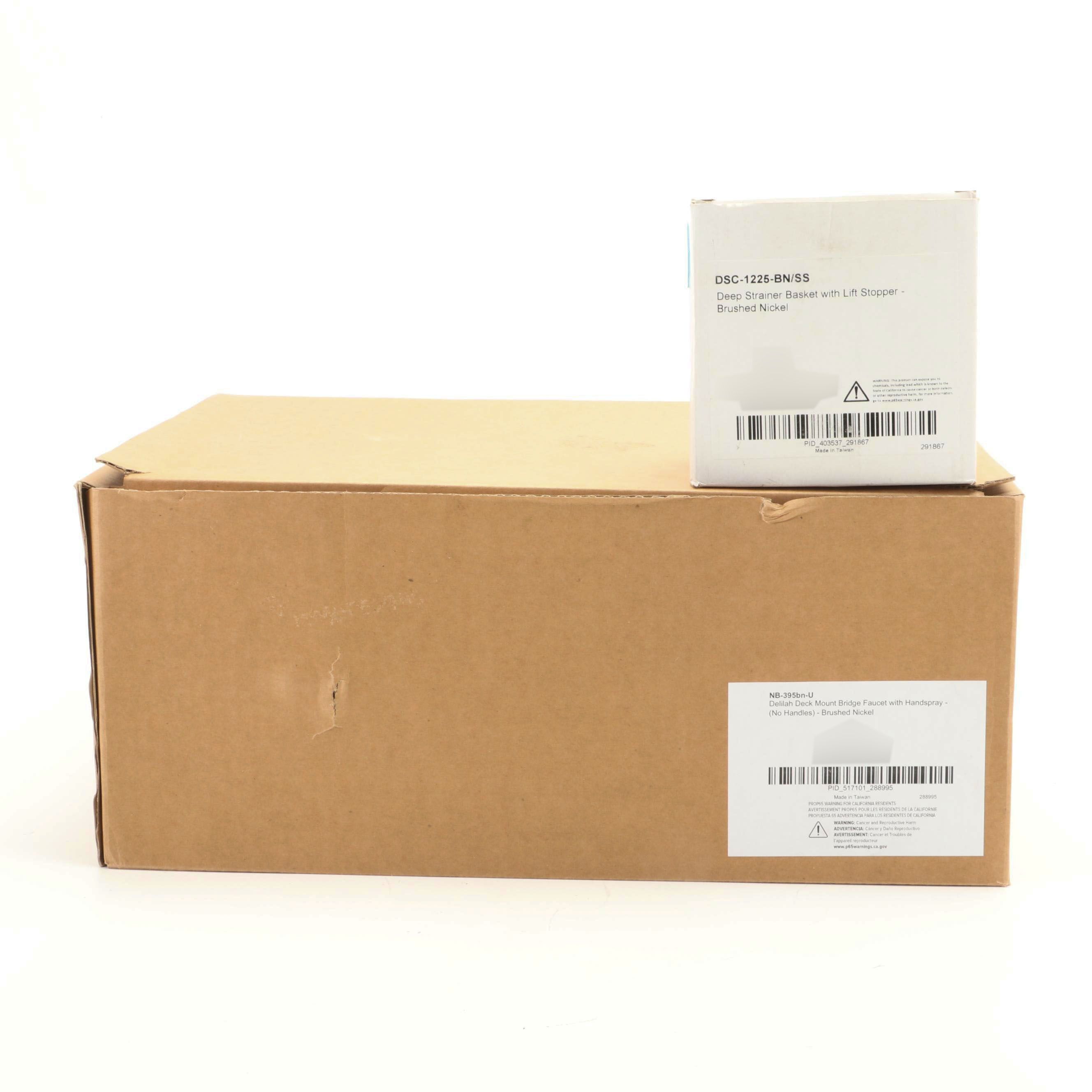 Brushed Nickel Deck Mount Bridge Faucet with Handspray and Deep Strainer Basket